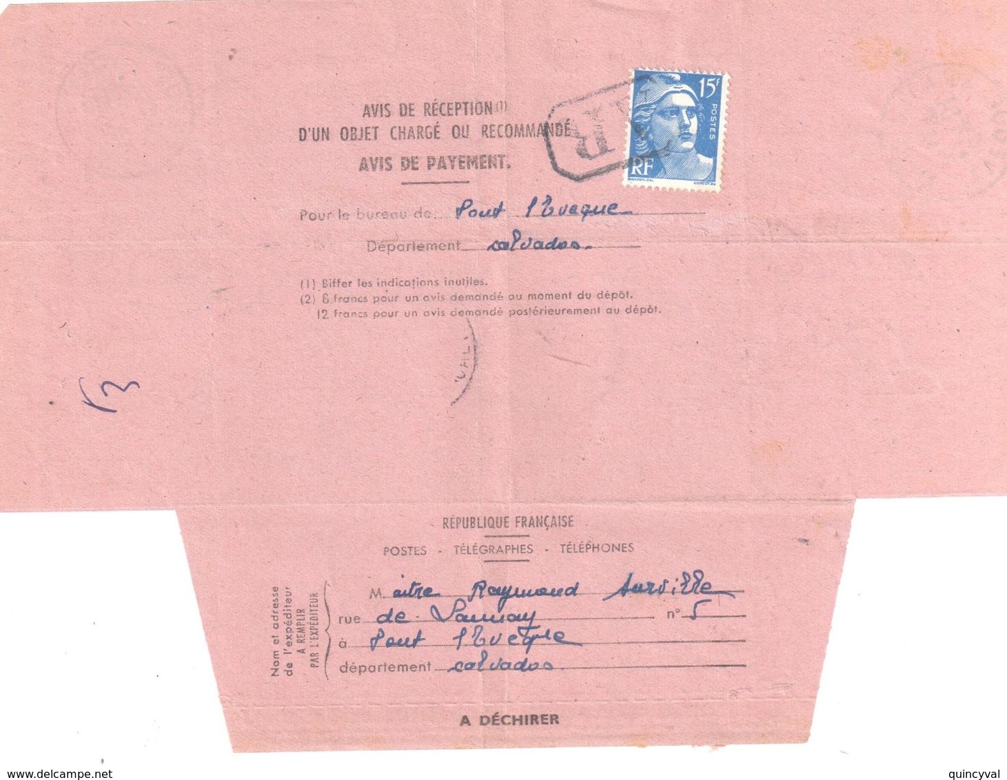 PONT L'EVEQUE Avis De Réception N° 514 Oller Puteaux Lettre Recommandée 15 F Gandon Bleu Yv Ob AR 7 10 1952 - Cartas & Documentos