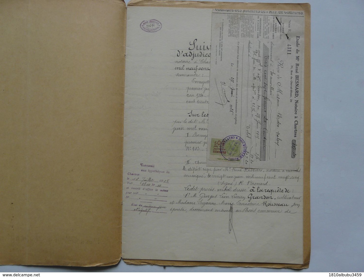 VIEUX PAPIERS - ACTE NOTARIAL : Adjudication  - Me BESNARD - CHARTRES 1925 - Décrets & Lois