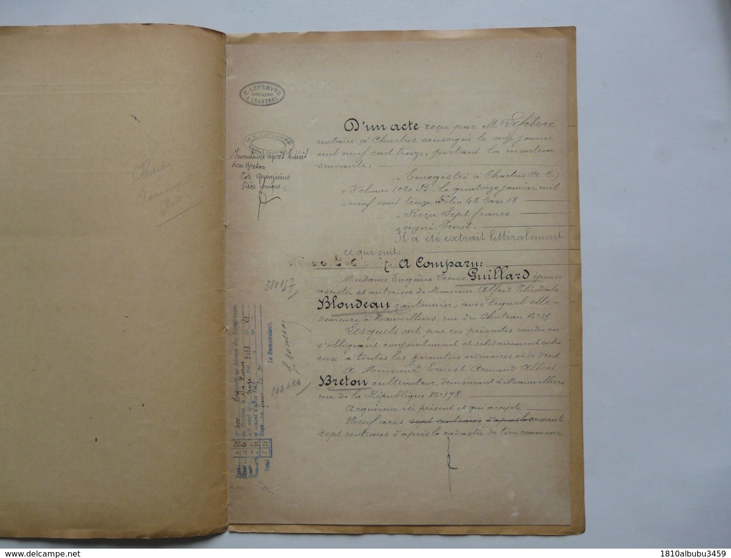 VIEUX PAPIERS - ACTE NOTARIAL : Vente  - Me LEFEVBRE-  CHARTRES 1913 - Decretos & Leyes