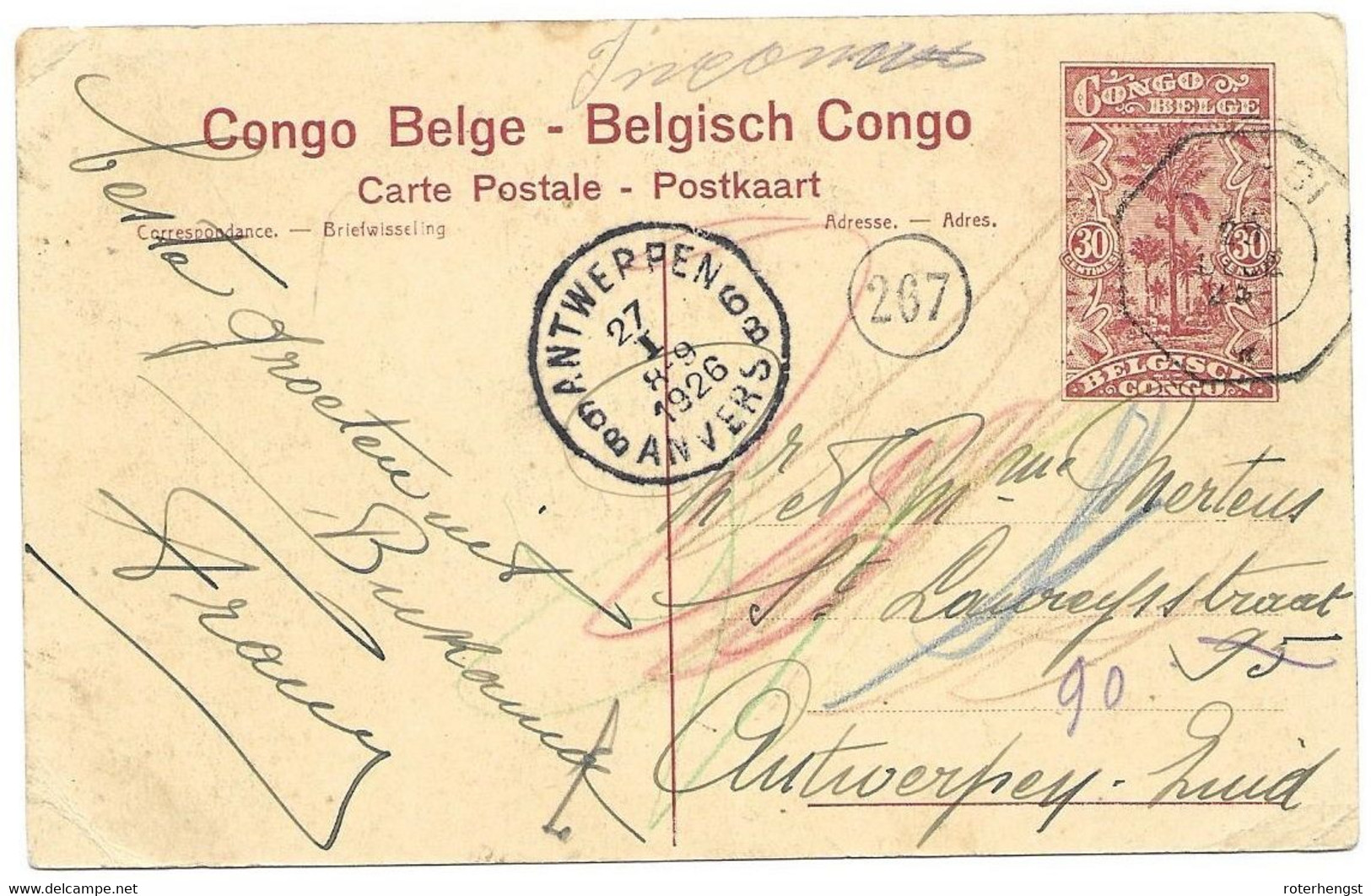 Belgium Congo Elisabethville Governor Residence ....AGI To Antwerp Anvers1926 - Entiers Postaux