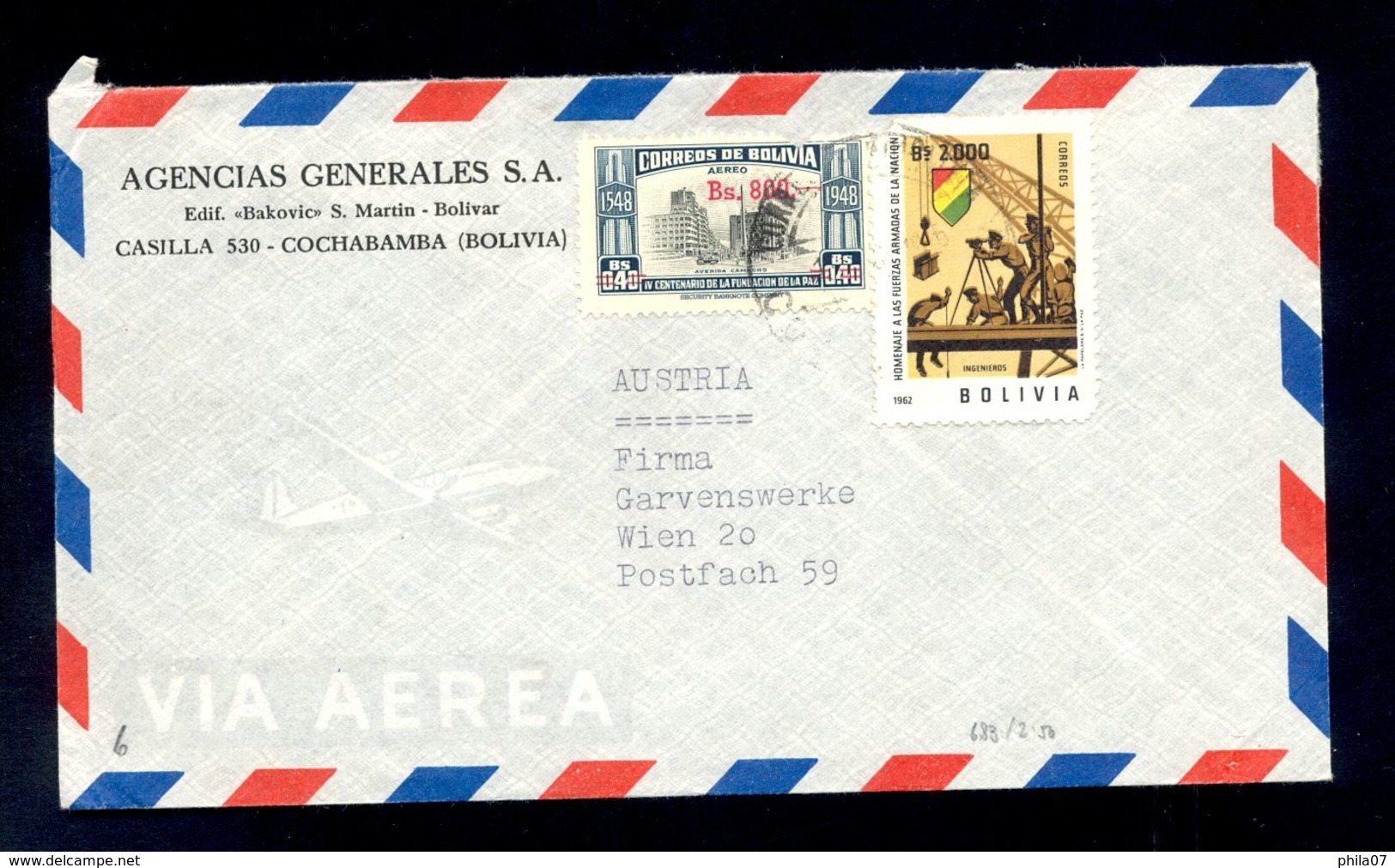 BOLIVIA - Envelope For Air Mail Sent From Bolivia To Wien/Austria. Nice Two Colored Franking. - Bolivia