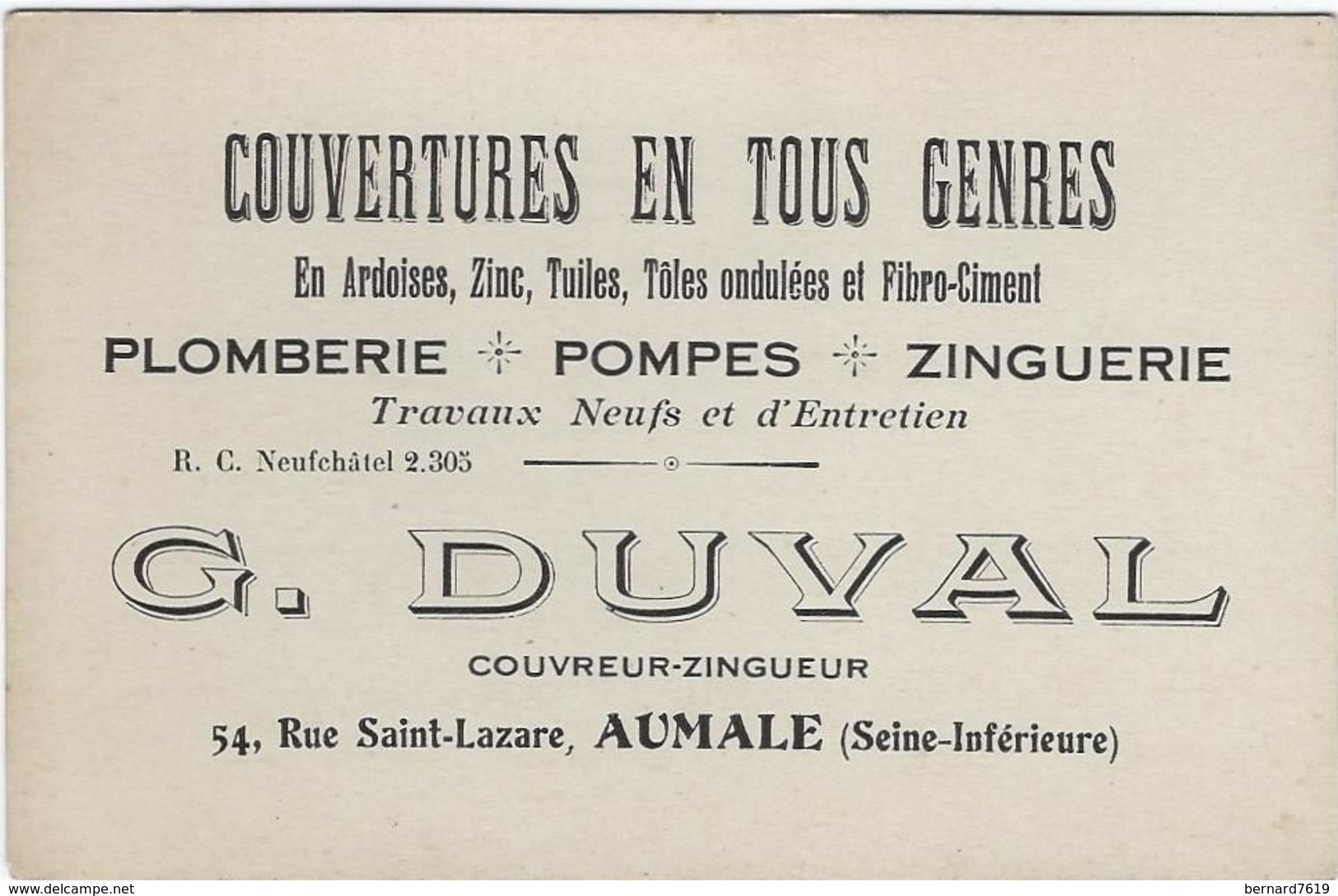 Carte De Visite  76 Aumale G Duval   Couvertures En Tous Genres - Cartes De Visite