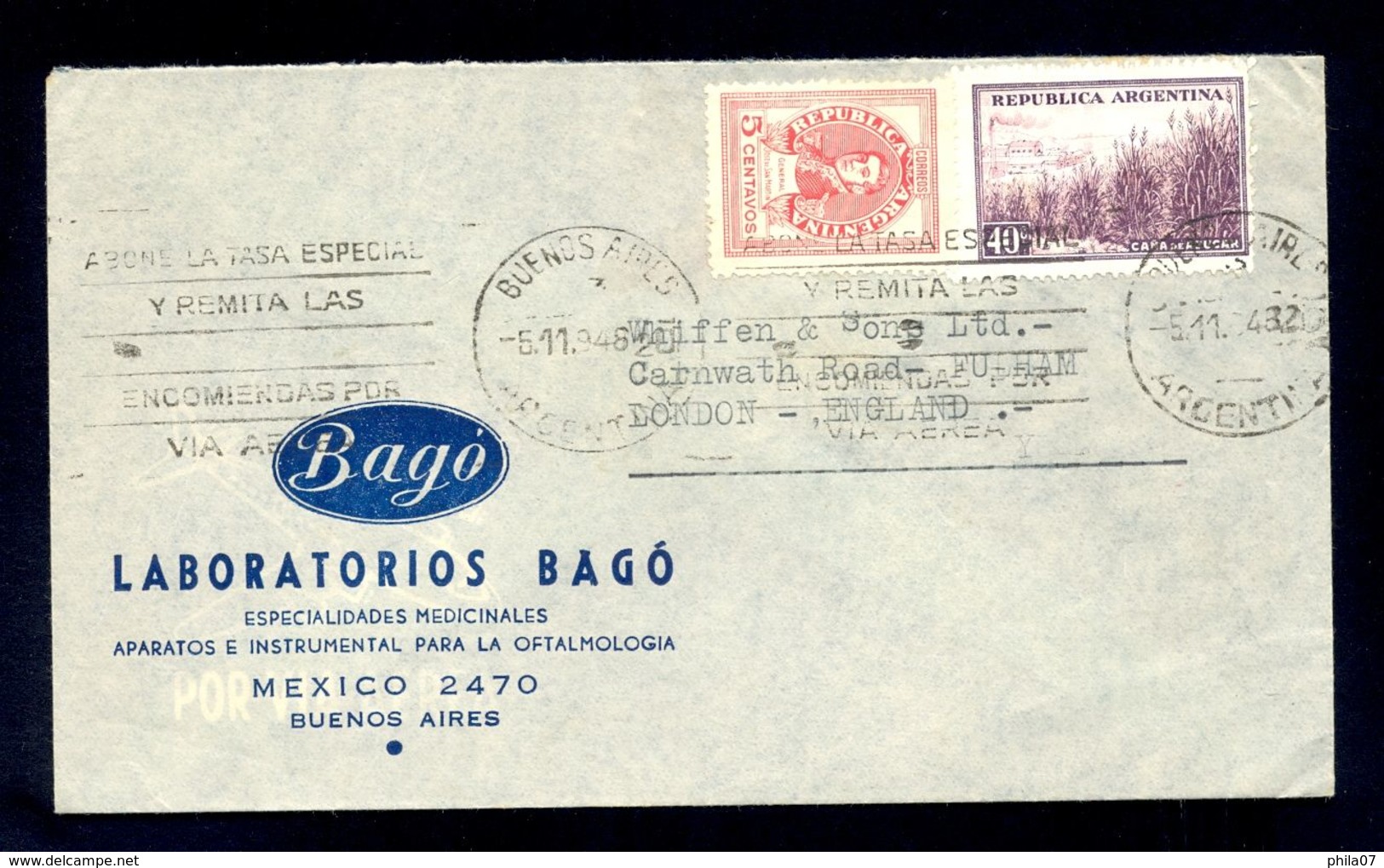 ARGENTINA - Envelope Sent From Buenos Aires To England 1948. Nice Mechanical Cancel, Nice Two Colored Franking. - Posta Aerea