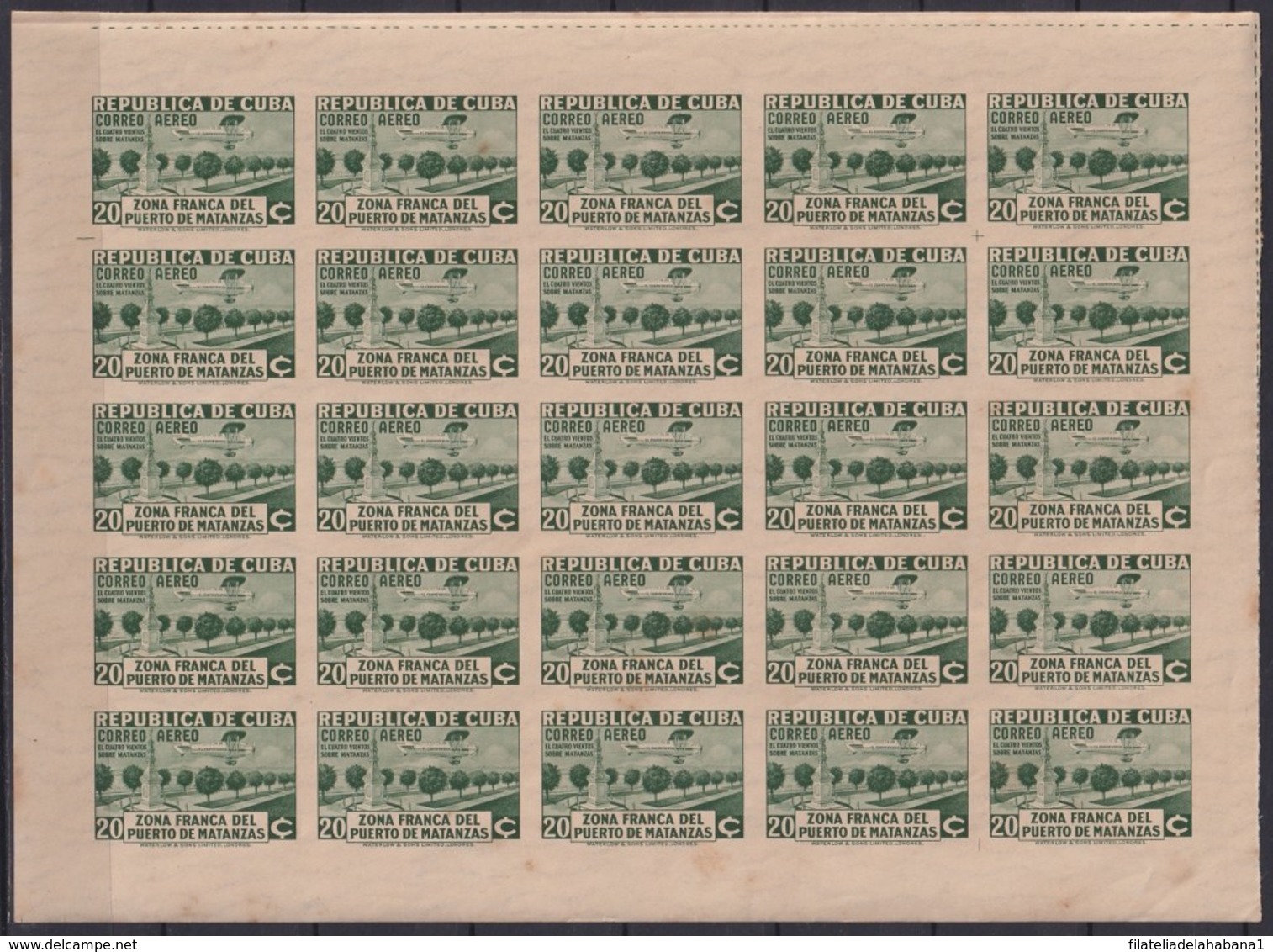 1936-352 CUBA REPUBLICA (LG1955) 1936 20c AIR AVION CUATRO VIENTOS ZONA FRANCA MATANTAS  IMPERFORATED BLOCK 25. - Andere & Zonder Classificatie