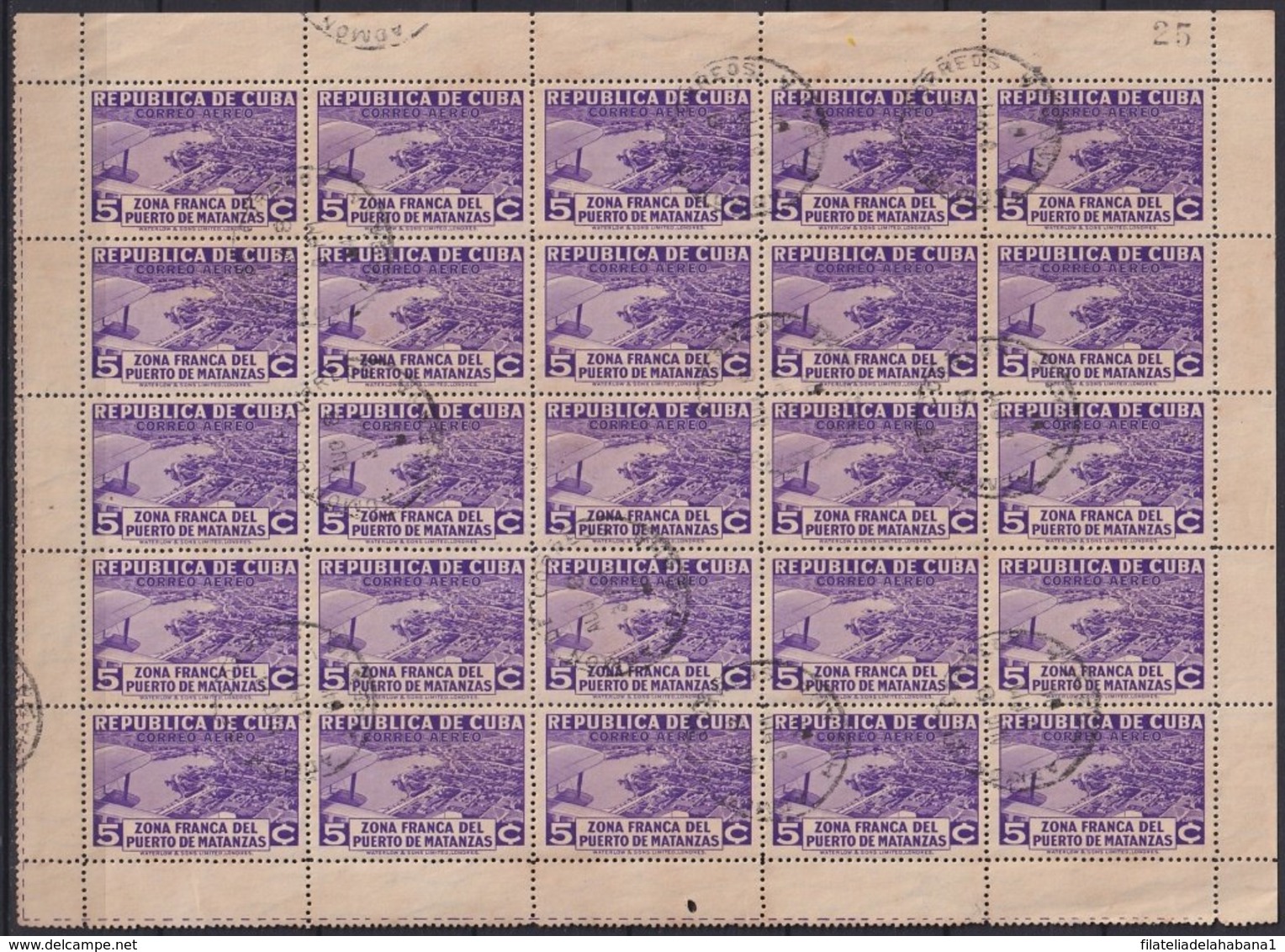 1936-356 CUBA REPUBLICA (LG1959) 1936 5c AIR AVION ZONA FRANCA MATANTAS  PERFORATED USED BLOCK 25. - Autres & Non Classés