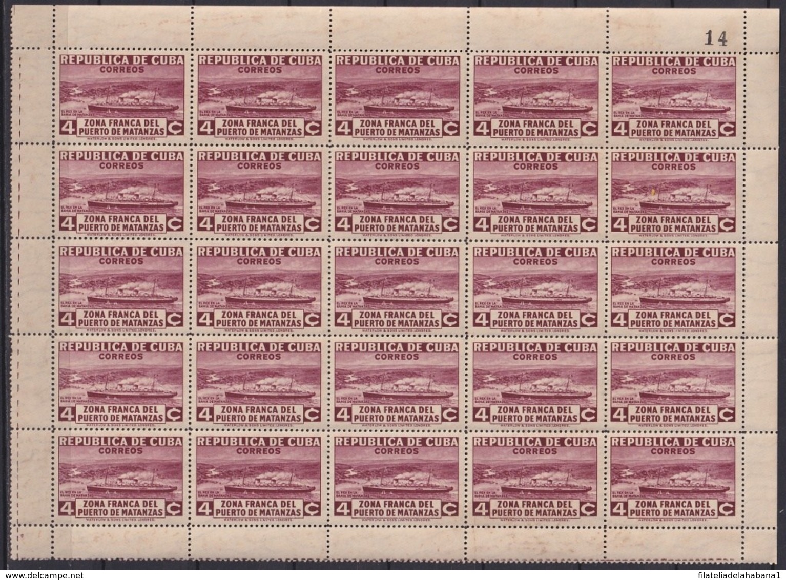 1936-357 CUBA REPUBLICA (LG1960) 1936 4c SHIP BARCO ZONA FRANCA MATANTAS  PERFORATED BLOCK 25. Nº.14 SHEET. - Autres & Non Classés