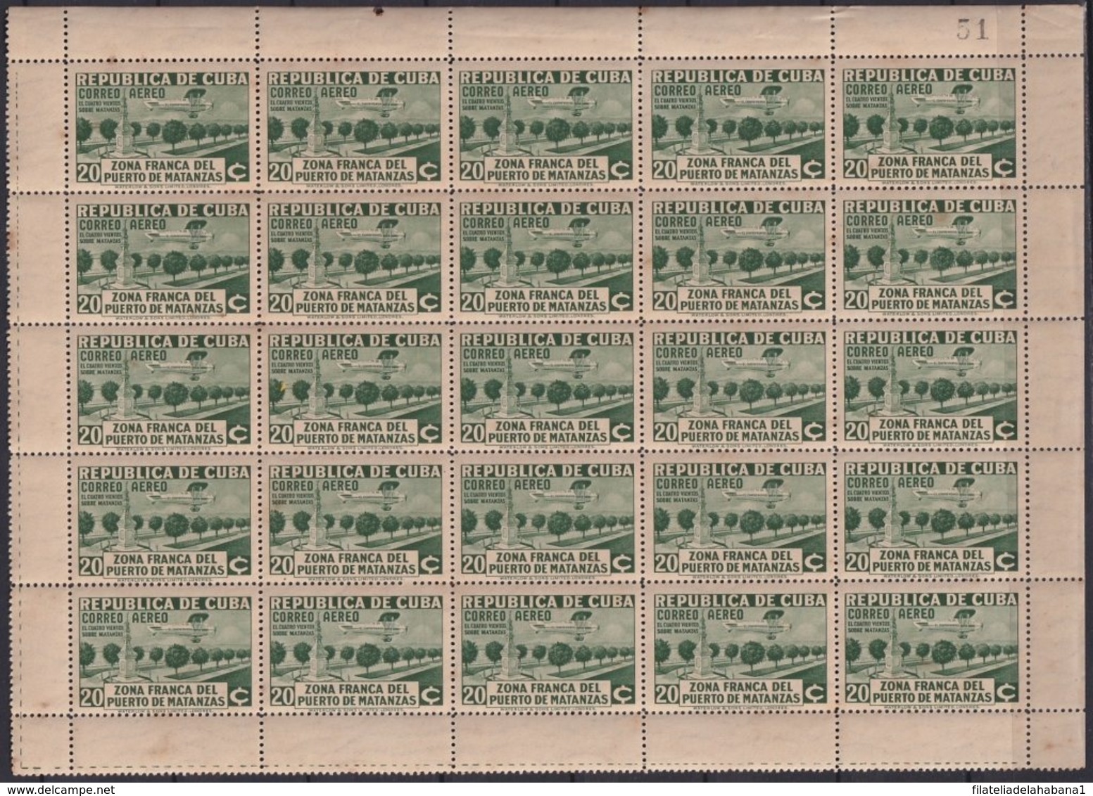 1936-362 CUBA REPUBLICA (LG1965) 1936 20c AIR AVION CUATRO VIENTOS ZONA FRANCA MATANTAS  PERFORATED BLOCK 25. - Autres & Non Classés