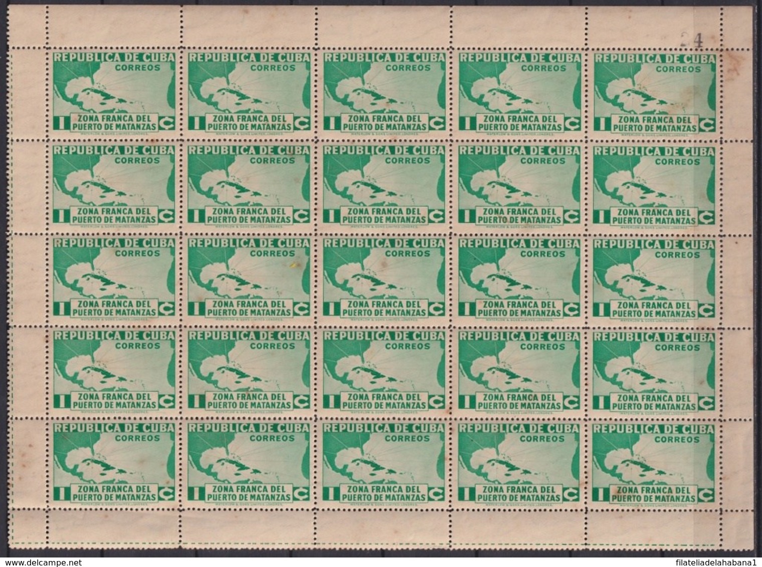 1936-363 CUBA REPUBLICA (LG1966) 1936 1c ZONA FRANCA MATANTAS MAPA PERFORATED BLOCK 25. - Other & Unclassified