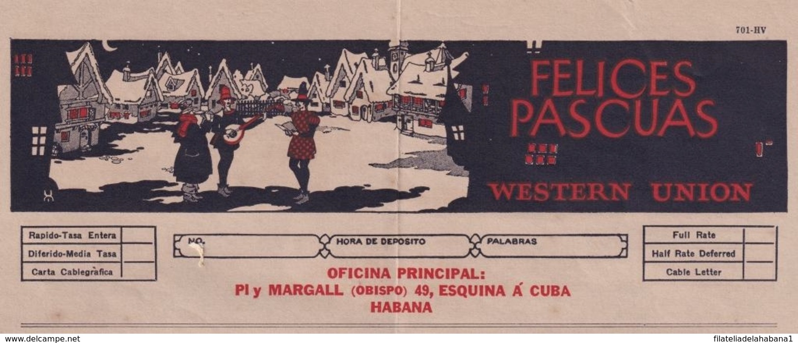 TELEG-160 CUBA REPUBLICA (LG114) TELEGRAMA NAVIDAD MERRY CHRISTMAS WESTERN UNION CIRCA 1920. 25 - Telegraafzegels