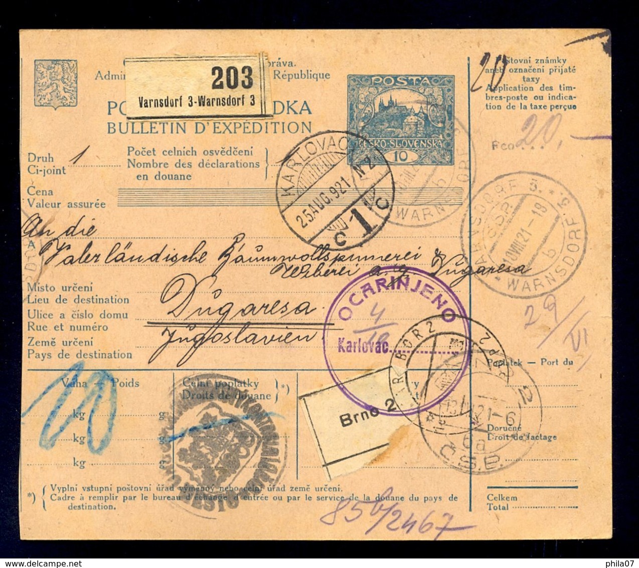 CZECHOSLOKAVIA/CROATIA - Parcel Card Sent From Varnsdorf 3-Waensdorf 3 Via Brno To Karlovac 1921, Where It Is Gone Throu - Sonstige & Ohne Zuordnung