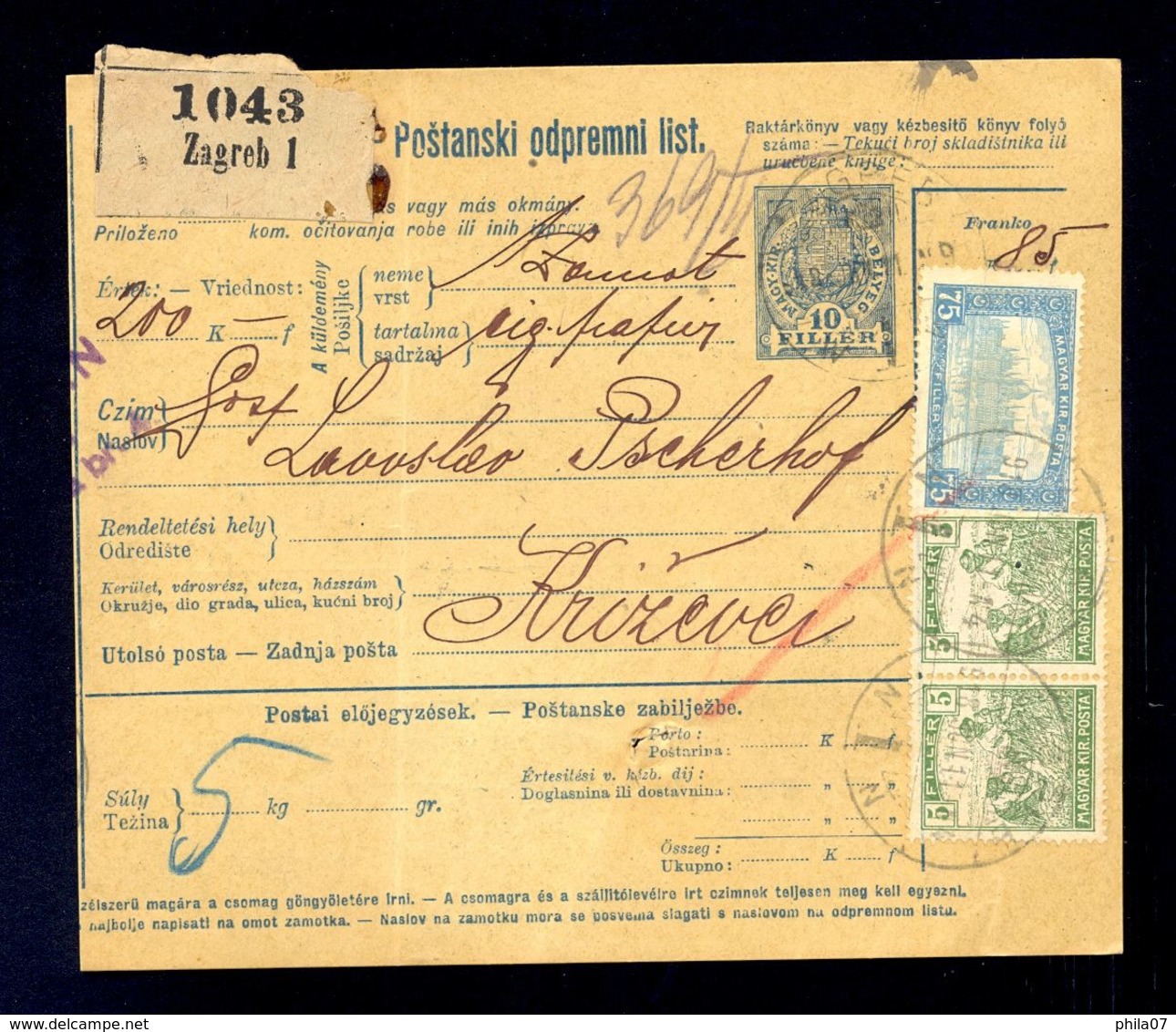 HUNGARY/CROATIA - Parcel Card Sent From Zagreb To Križevci 1918. Additionally Franked With Two Colored Franking. Arrival - Parcel Post