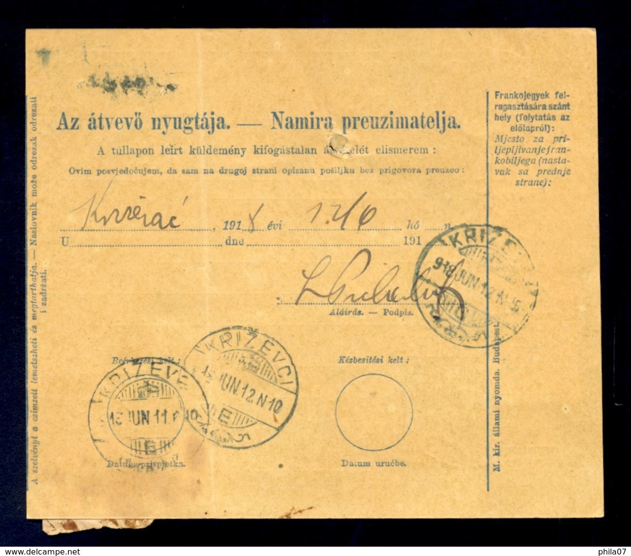 HUNGARY/CROATIA - Parcel Card Sent From Zagreb To Križevci 1918. Additionally Franked With Two Colored Franking. Arrival - Postpaketten