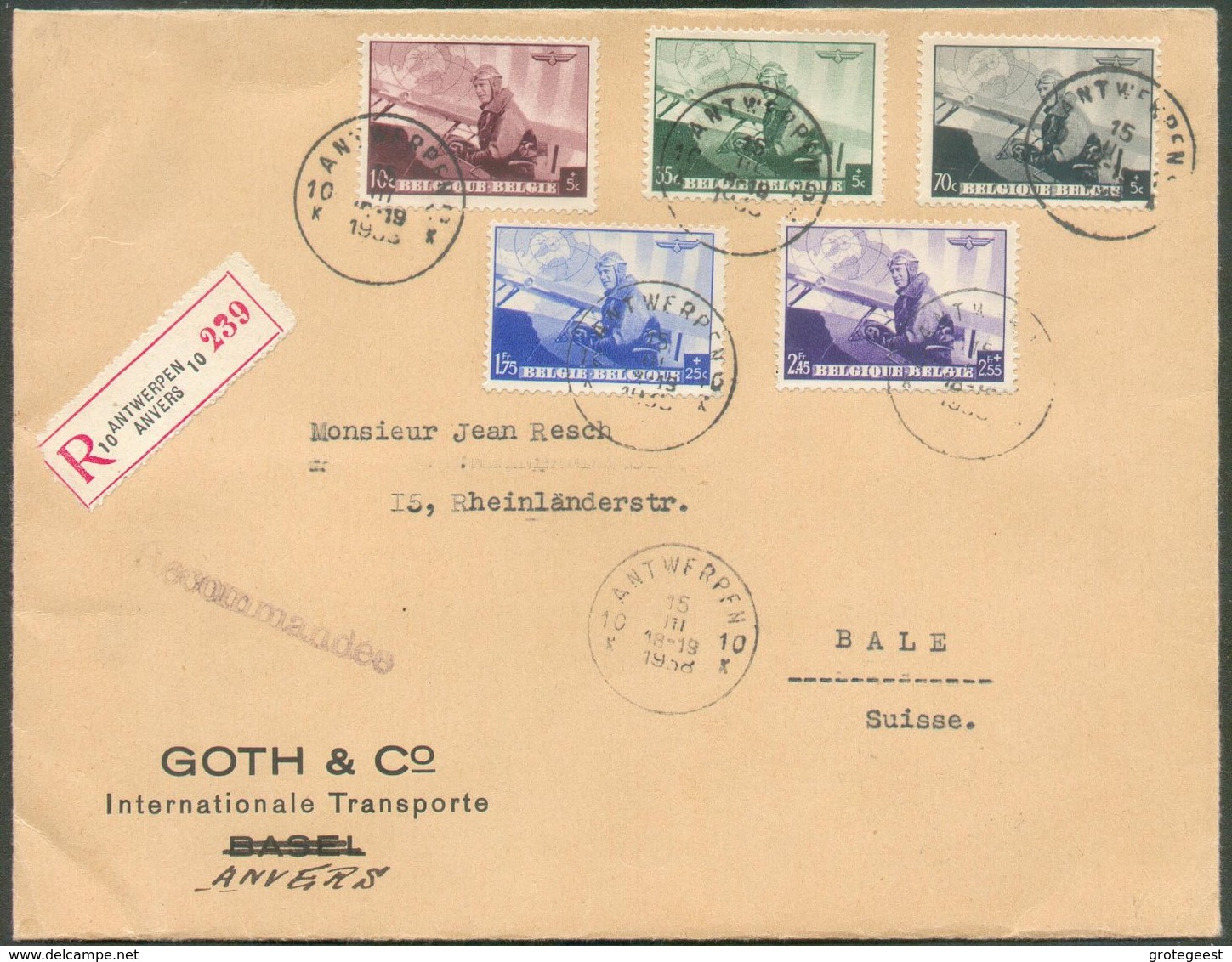 N°466/470 - LEOPOLD III Roi Aviateur obl. Sc ANTWERPEN 10 sur Lettre Recommandée Du 15-III-1938 Vers Bâle (CH). - Superb - Covers & Documents