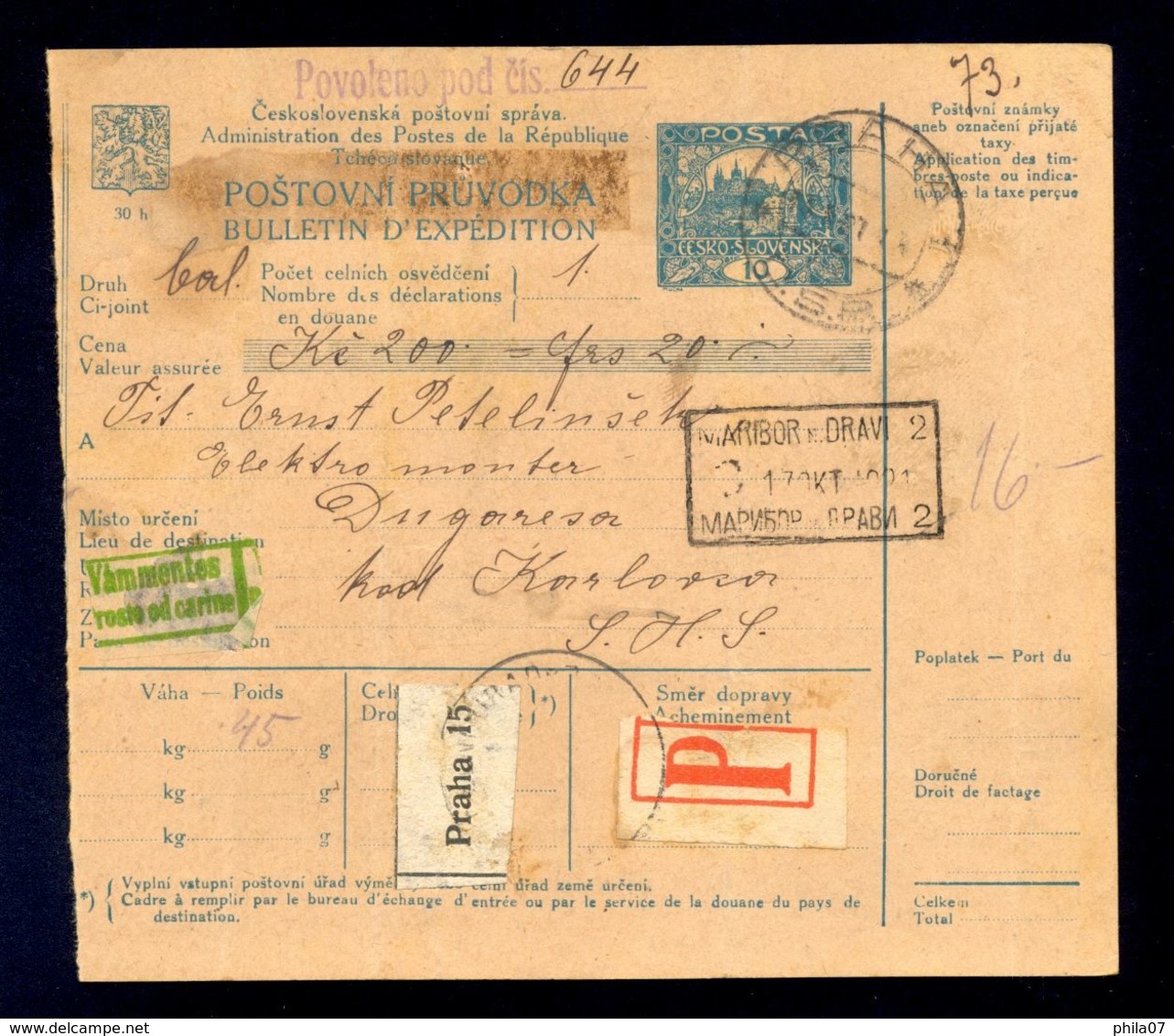 CZECHOSLOVAKIA/CROATIA - Parcel Card Sent From Praha Via Maribor To Dugaresa 1921. There Is Customs-free Sticker On The - Other & Unclassified