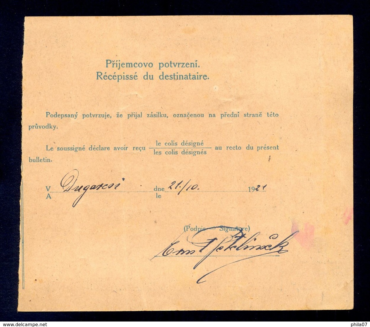 CZECHOSLOVAKIA/CROATIA - Parcel Card Sent From Praha Via Maribor To Dugaresa 1921. There Is Customs-free Sticker On The - Autres & Non Classés