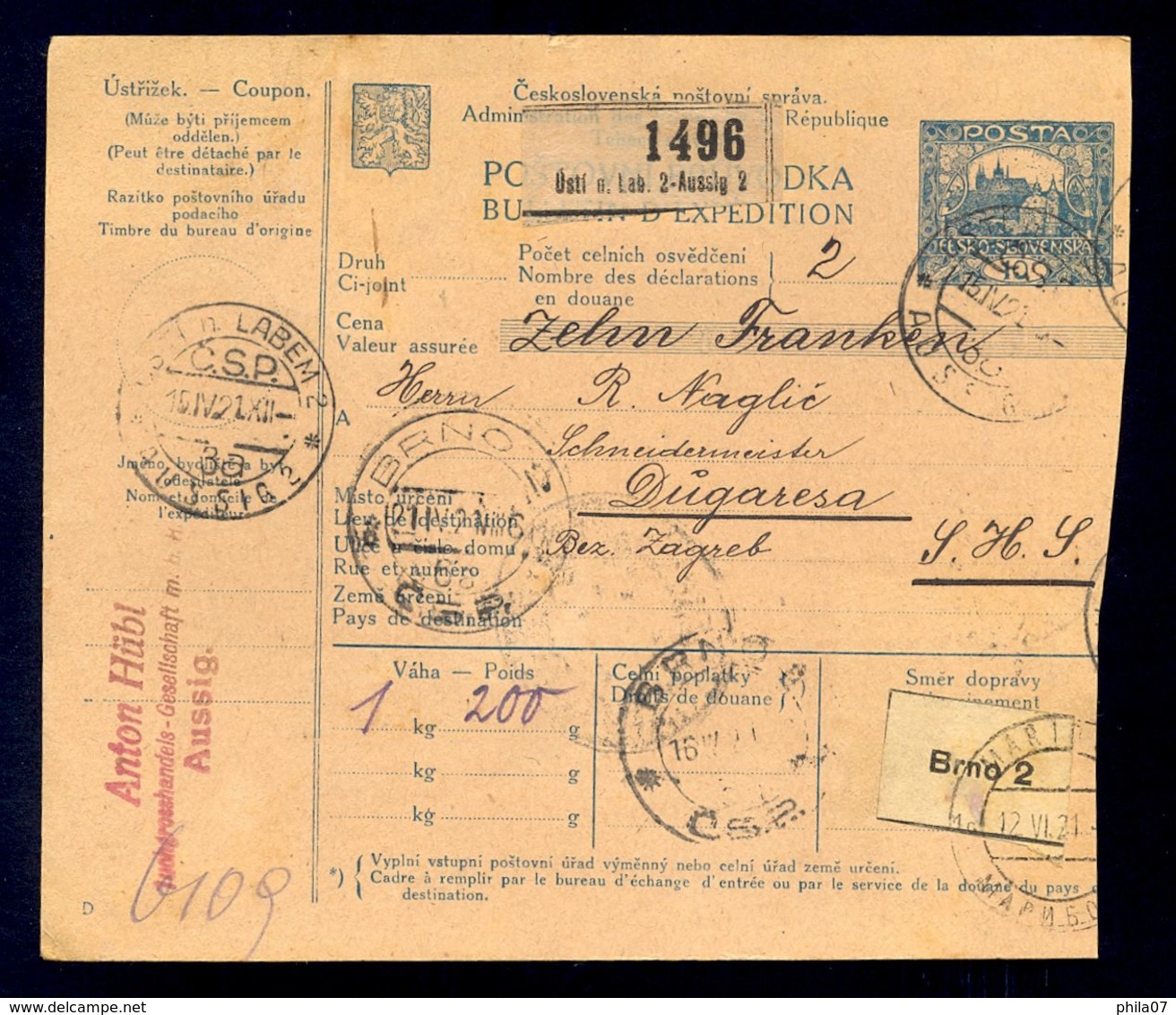 CZECHOSLOVAKIA/CROATIA - Parcel Card Sent From Usti N. Labem Via Brno And Wien To Dugaresa 1921. - Other & Unclassified