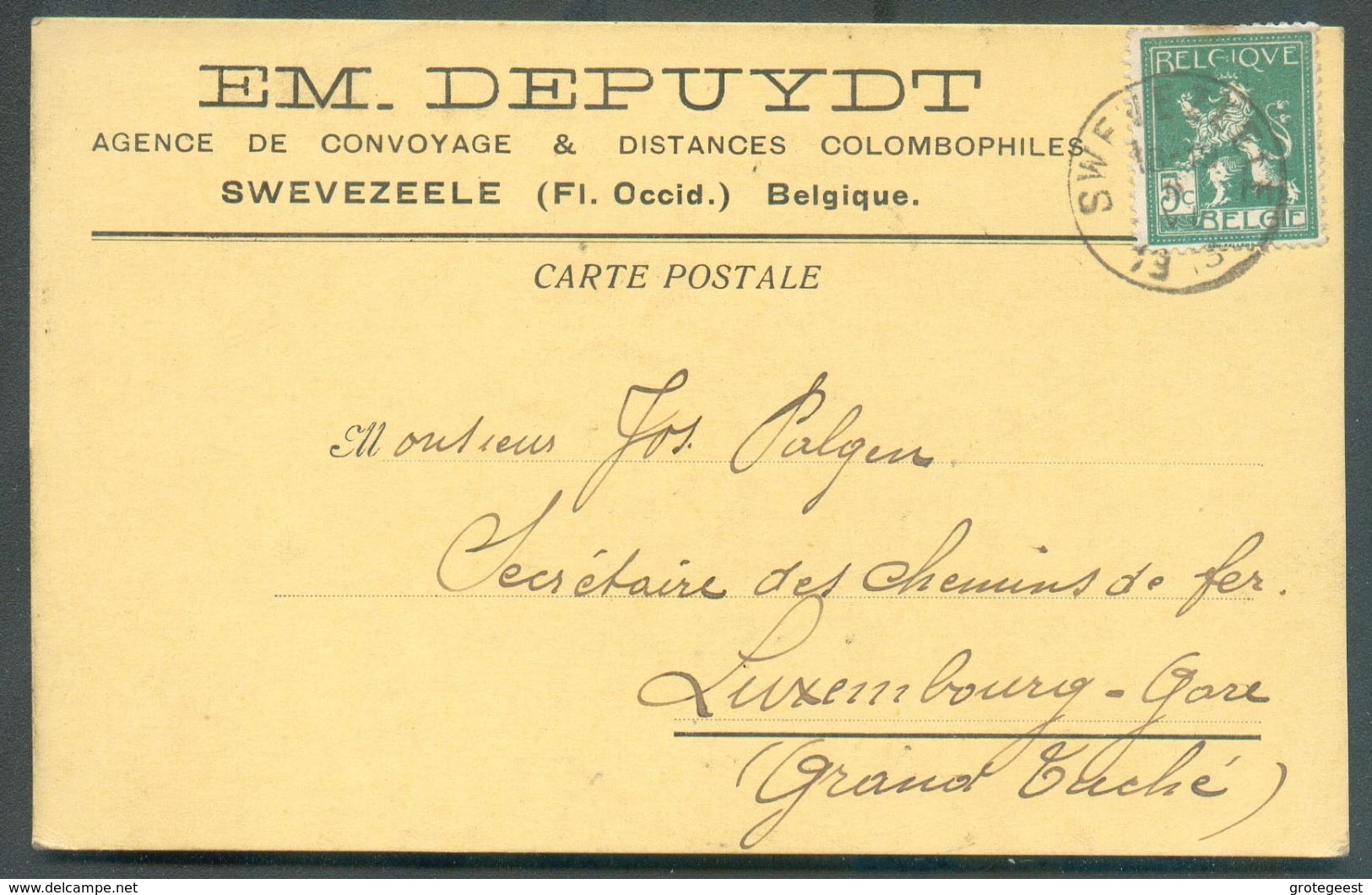 BELGIUM N°110 - 5c. Pellens Obl. Sc. SWEVEZEELE Sur Carte Imp. Em. DEPUYDT Agence De Convoyage Et Distances Colombophile - Piccioni & Colombe