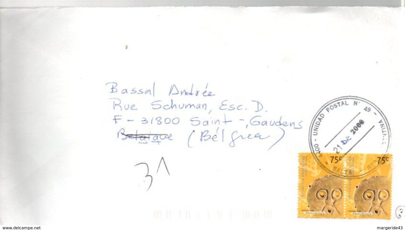 ARGENTINE LETTRE POUR LA BELGIQUE 2000 - Lettres & Documents