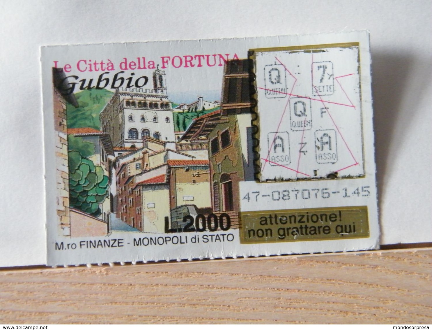 GV-16 GRATTA E VINCI -  LE CITTÀ DELLA FORTUNA -  GUBBIO -  BIGLIETTO N° 47-0878075-145 - Biglietti Della Lotteria