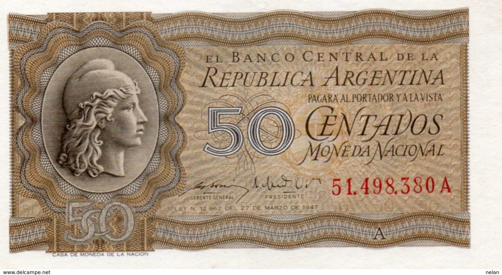 ARGENTINA 50 CENTAVOS 1951  P-261a2   UNC - Argentina