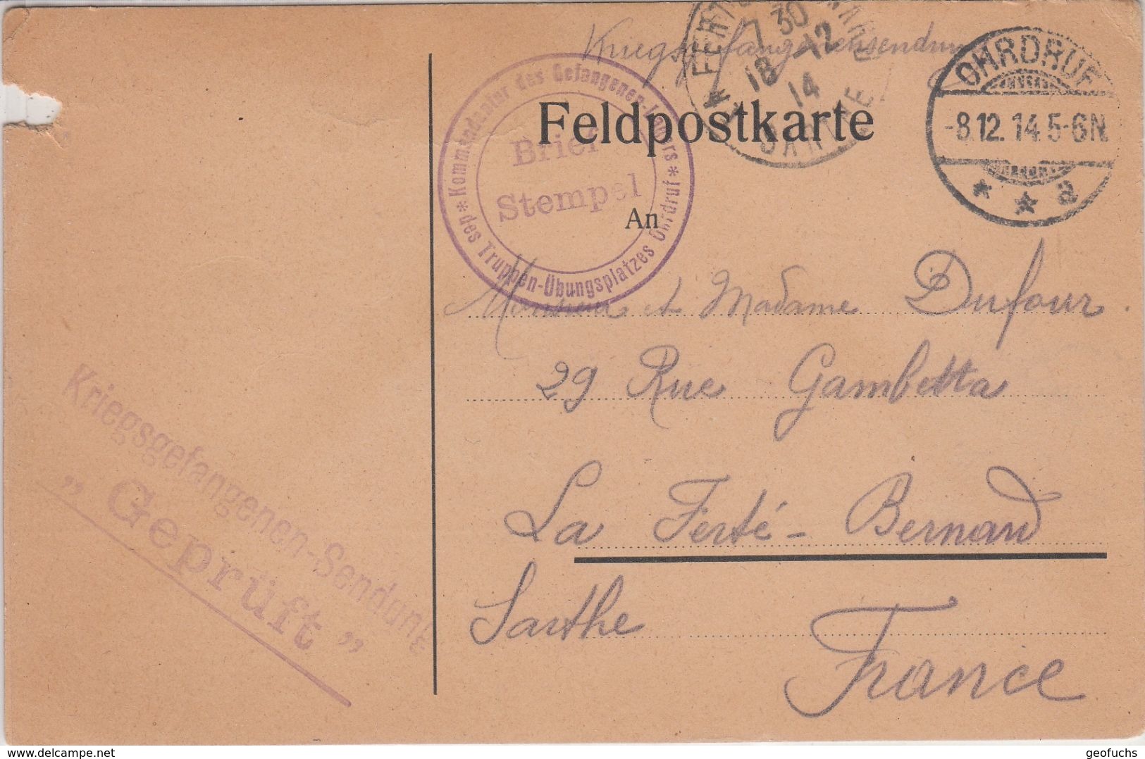 France Guerre 14/18 Feld Postkarte Envoyée Par PG Français Du Camp D'OHRDRUF (Thuringe) , Cachet Du 8.12.14 - WW I