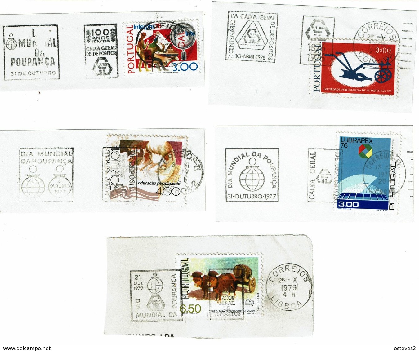 5 Diferent Mechanical Postmark BANK  Theme , Flâmulas CAIXA GERAL DEPOSITOS 1976 , 1977 , 1978 , 1979 , On Fragment - Unclassified