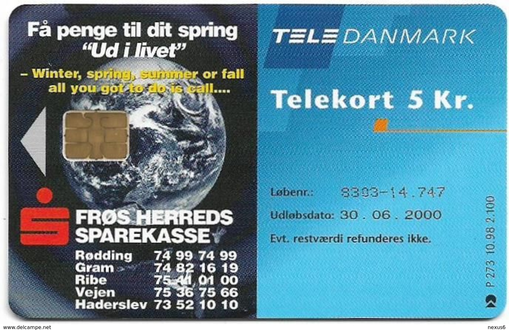 Denmark - Tele Danmark (chip) - Froes Herred Sparekasse - TDP273 - 10.1998, 2.100ex, 5kr, Used - Dinamarca