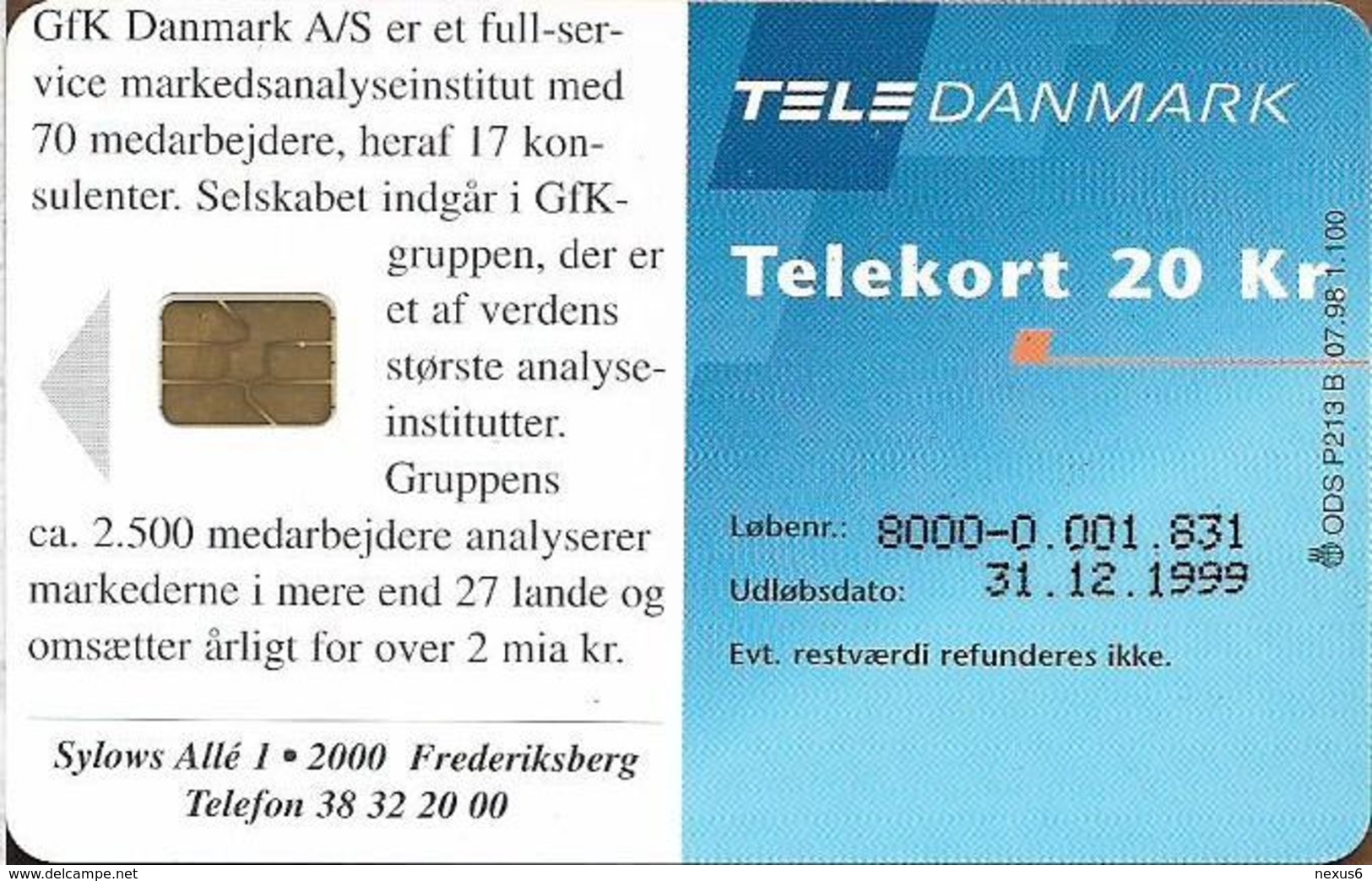 Denmark - Tele Danmark (chip) - GFK Danmark AS - TDP213B - 07.1998, 1.100ex, 20kr, Used - Dinamarca