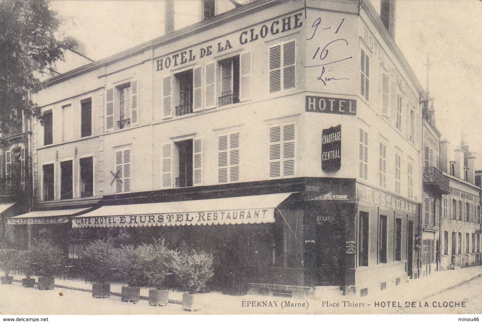 EPERNAY : T.RARE CPA DE 1916.HOTEL DE LA CLOCHE PLACE THIERS.T.B.ETAT.PETIT PRIX.COMPAREZ!!! - Epernay