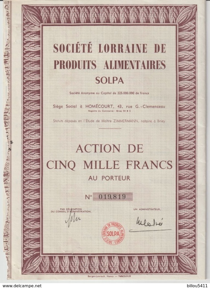 Société Lorraine De Produits Alimentaires SOLPA ; Homécourt ; Action De Cinq Mille Francs - S - V