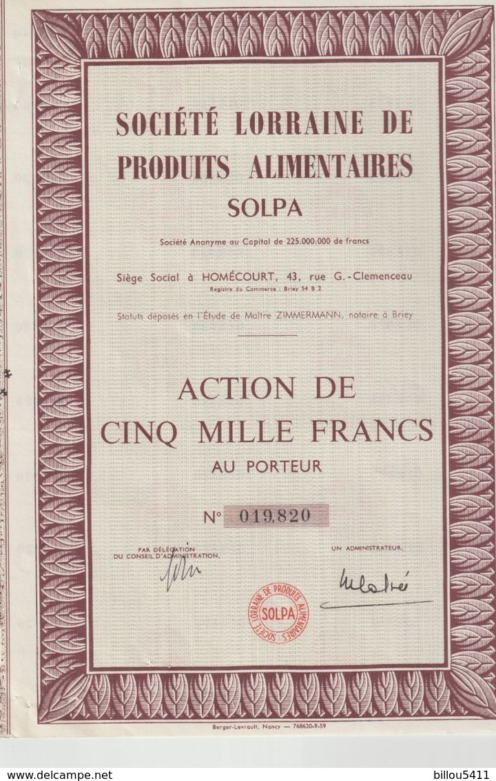 Société Lorraine De Produits Alimentaires SOLPA ; Homécourt ; Action De Cinq Mille Francs - S - V