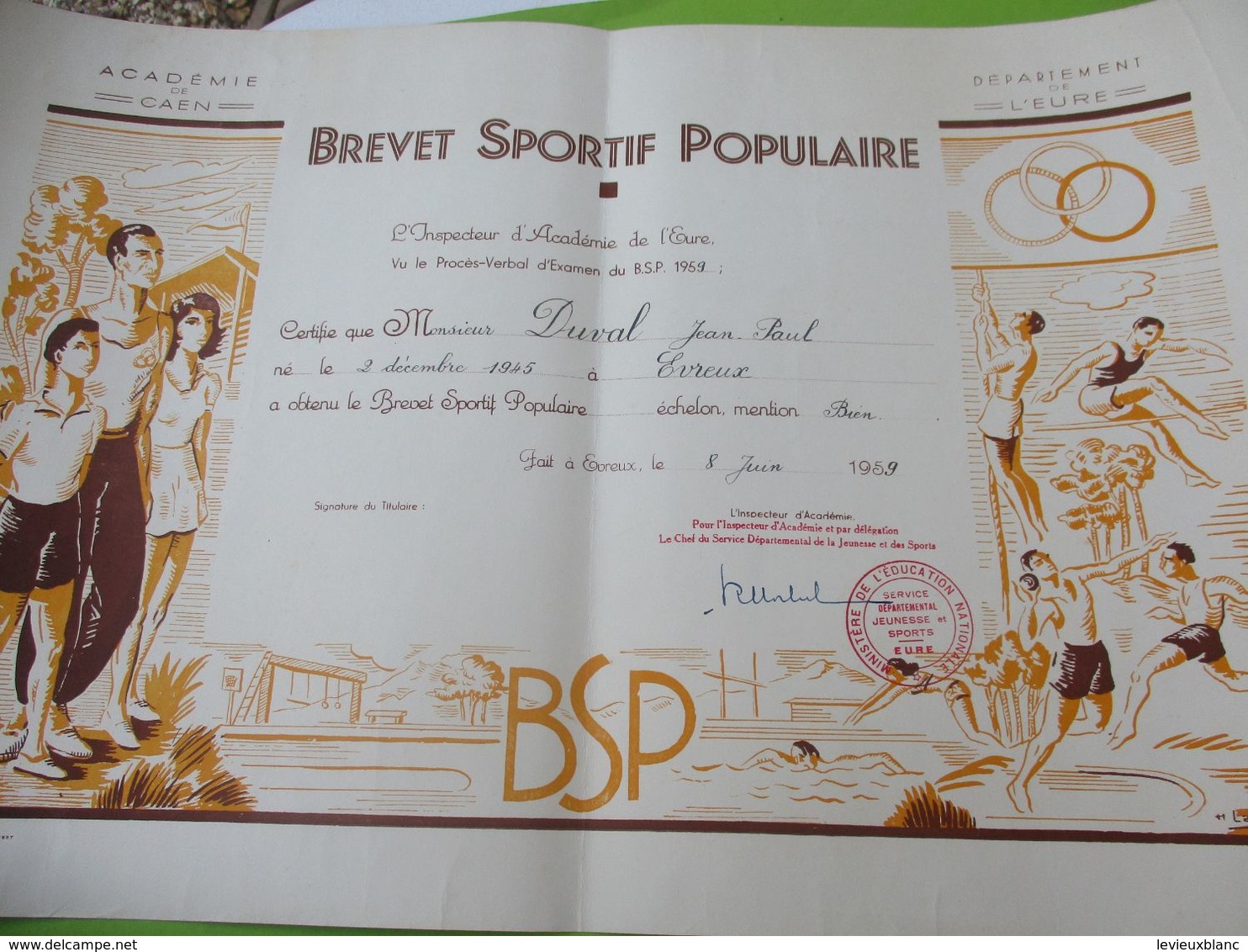 Brevet Sportif  Populaire/Académie De CAEN/ Département De L'Eure//Duval JP/Evreux /1959   DIP231 - Diplome Und Schulzeugnisse