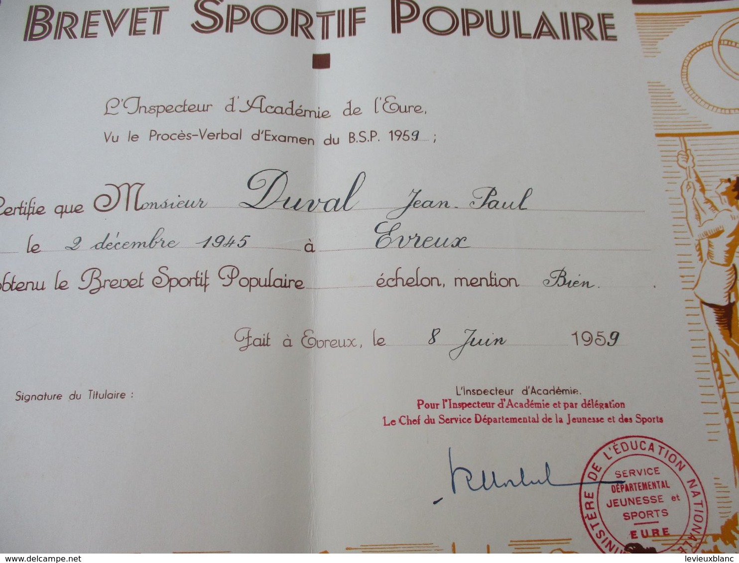 Brevet Sportif  Populaire/Académie De CAEN/ Département De L'Eure//Duval JP/Evreux /1959   DIP231 - Diploma's En Schoolrapporten