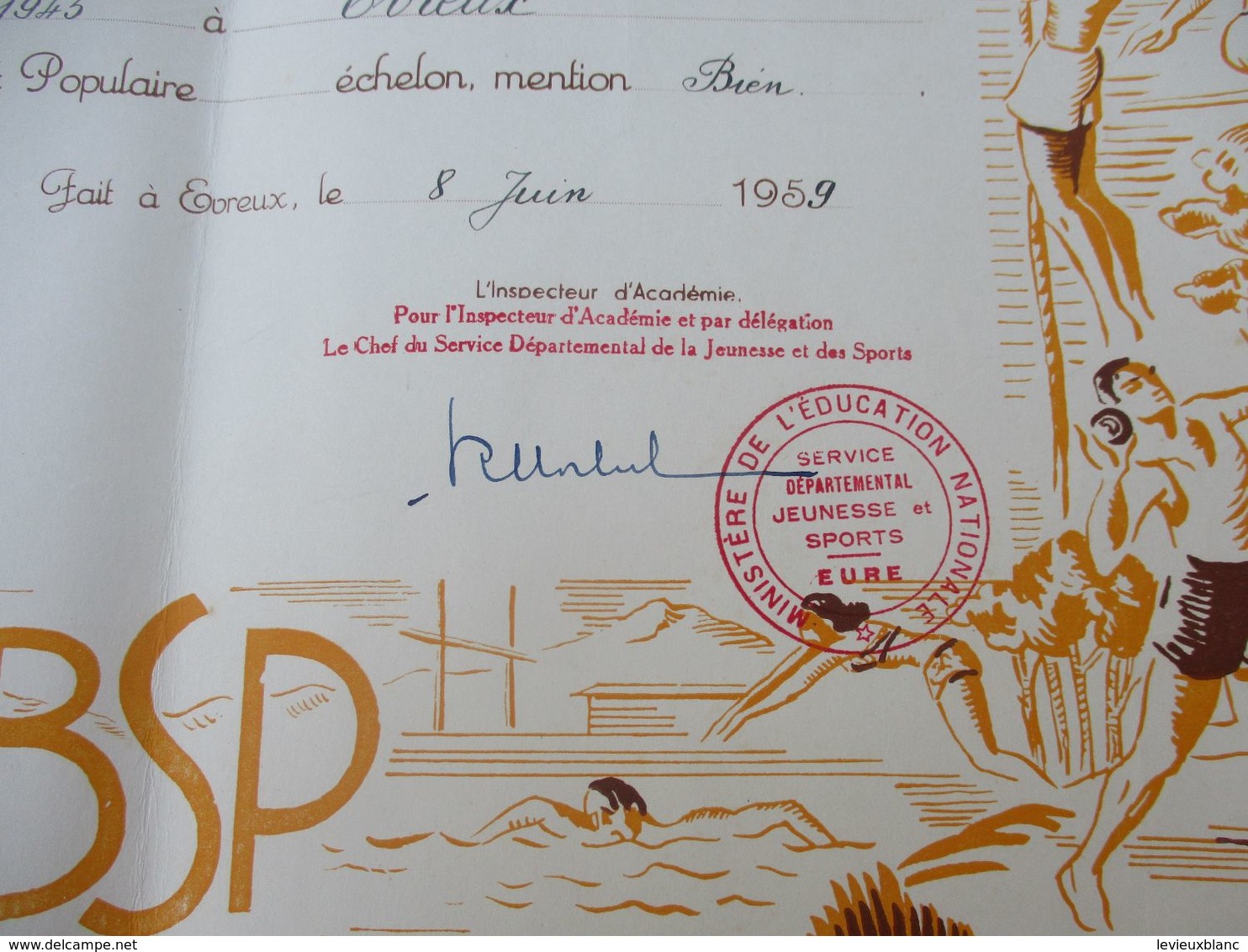 Brevet Sportif  Populaire/Académie De CAEN/ Département De L'Eure//Duval JP/Evreux /1959   DIP231 - Diploma & School Reports