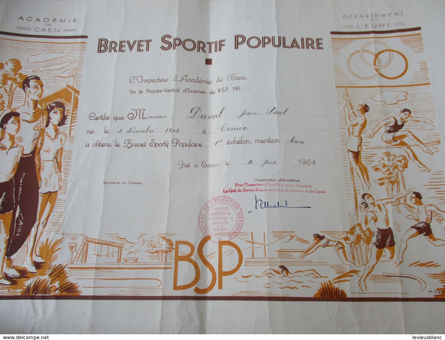 Brevet Sportif  Populaire/Académie De CAEN/ Département De L'Eure//Duval JP/Evreux /1958   DIP232 - Diplômes & Bulletins Scolaires