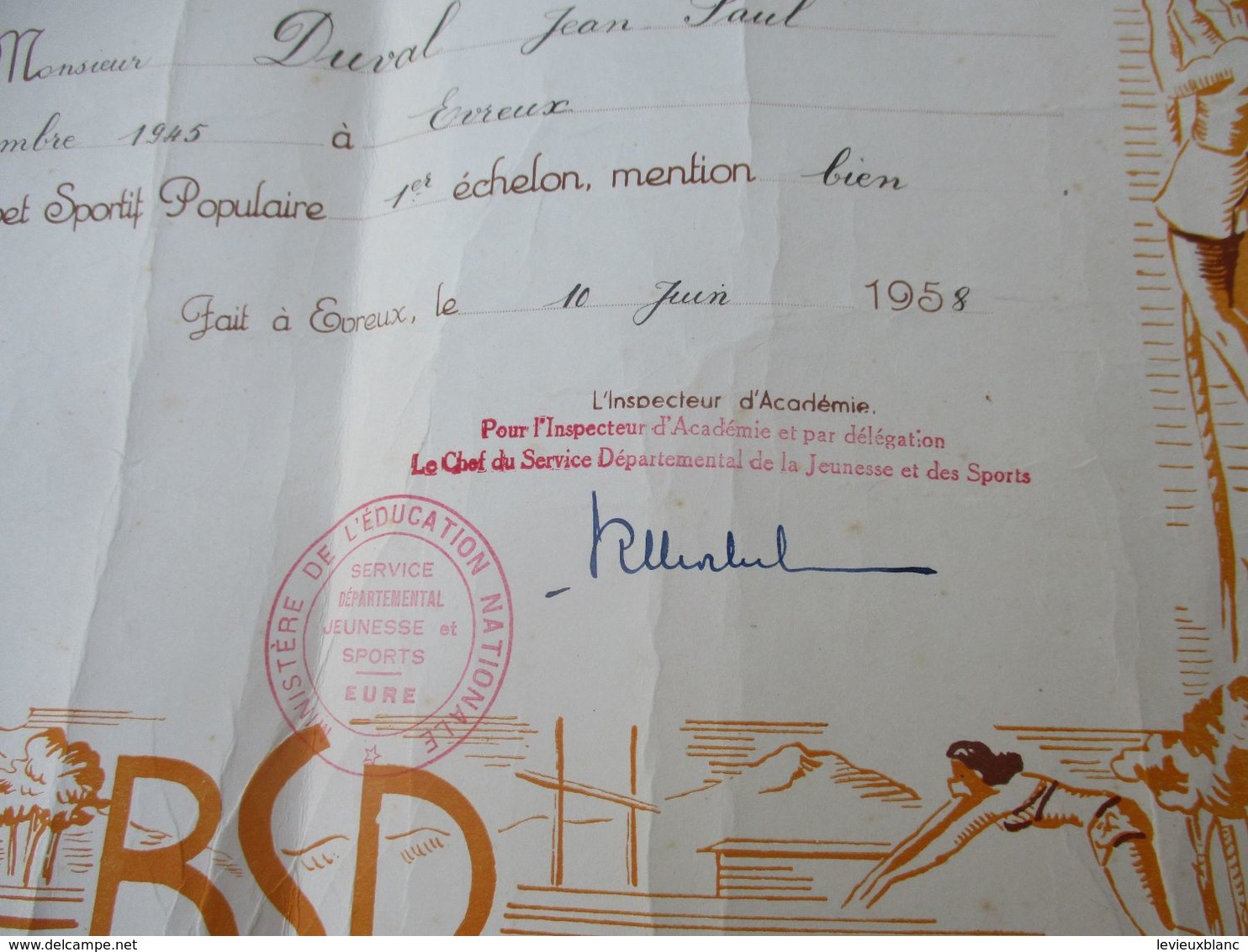 Brevet Sportif  Populaire/Académie De CAEN/ Département De L'Eure//Duval JP/Evreux /1958   DIP232 - Diplome Und Schulzeugnisse