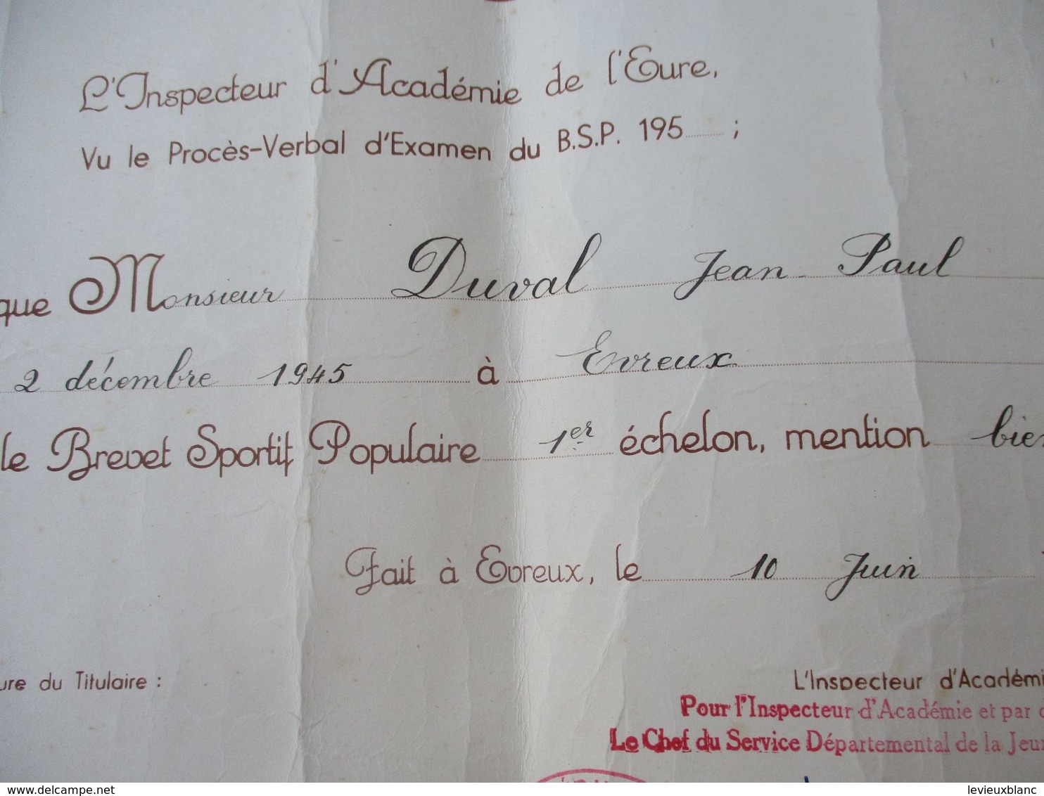 Brevet Sportif  Populaire/Académie De CAEN/ Département De L'Eure//Duval JP/Evreux /1958   DIP232 - Diploma & School Reports