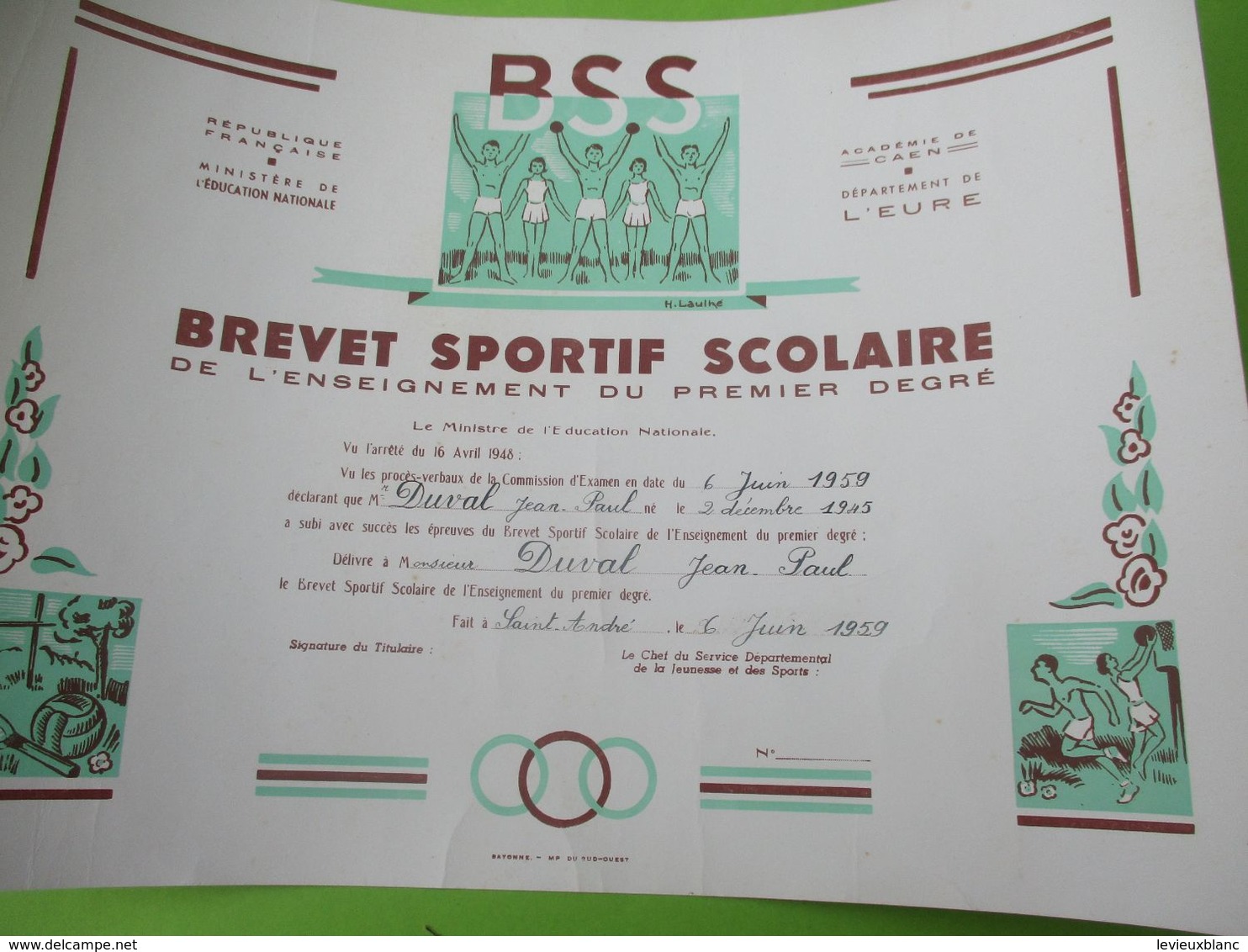 Brevet Sportif  Scolaire/Académie De CAEN/ Département De L'Eure//Duval JP/Saint André /1959   DIP241 - Diplomas Y Calificaciones Escolares