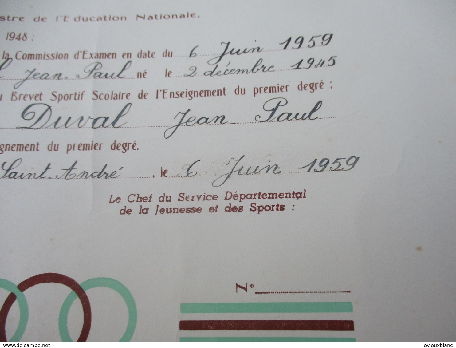 Brevet Sportif  Scolaire/Académie De CAEN/ Département De L'Eure//Duval JP/Saint André /1959   DIP241 - Diploma's En Schoolrapporten