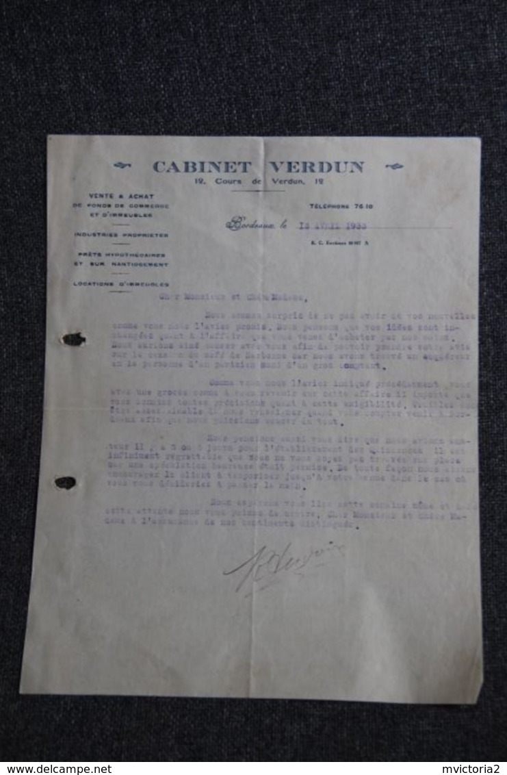 Document Commercial , BORDEAUX, Cabinet VERDUN - 1900 – 1949