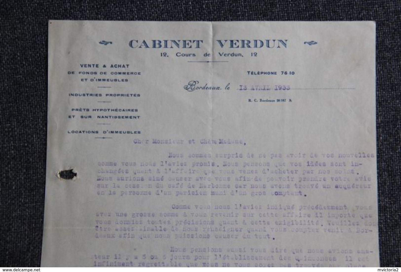 Document Commercial , BORDEAUX, Cabinet VERDUN - 1900 – 1949