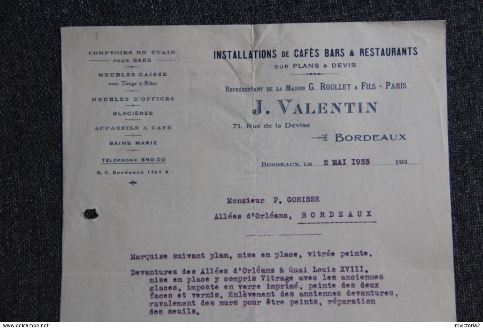 Document Commercial, BORDEAUX, J.VALENTIN, Installation De Cafés Bars Et Restaurants. - 1900 – 1949