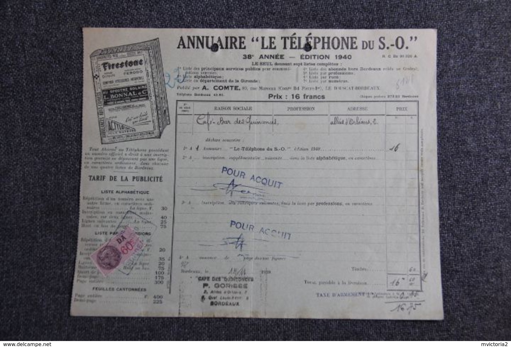 Facture Ancienne, BORDEAUX, Annuaire De La Gironde, " Le Téléphone Du S.O ". - 1900 – 1949