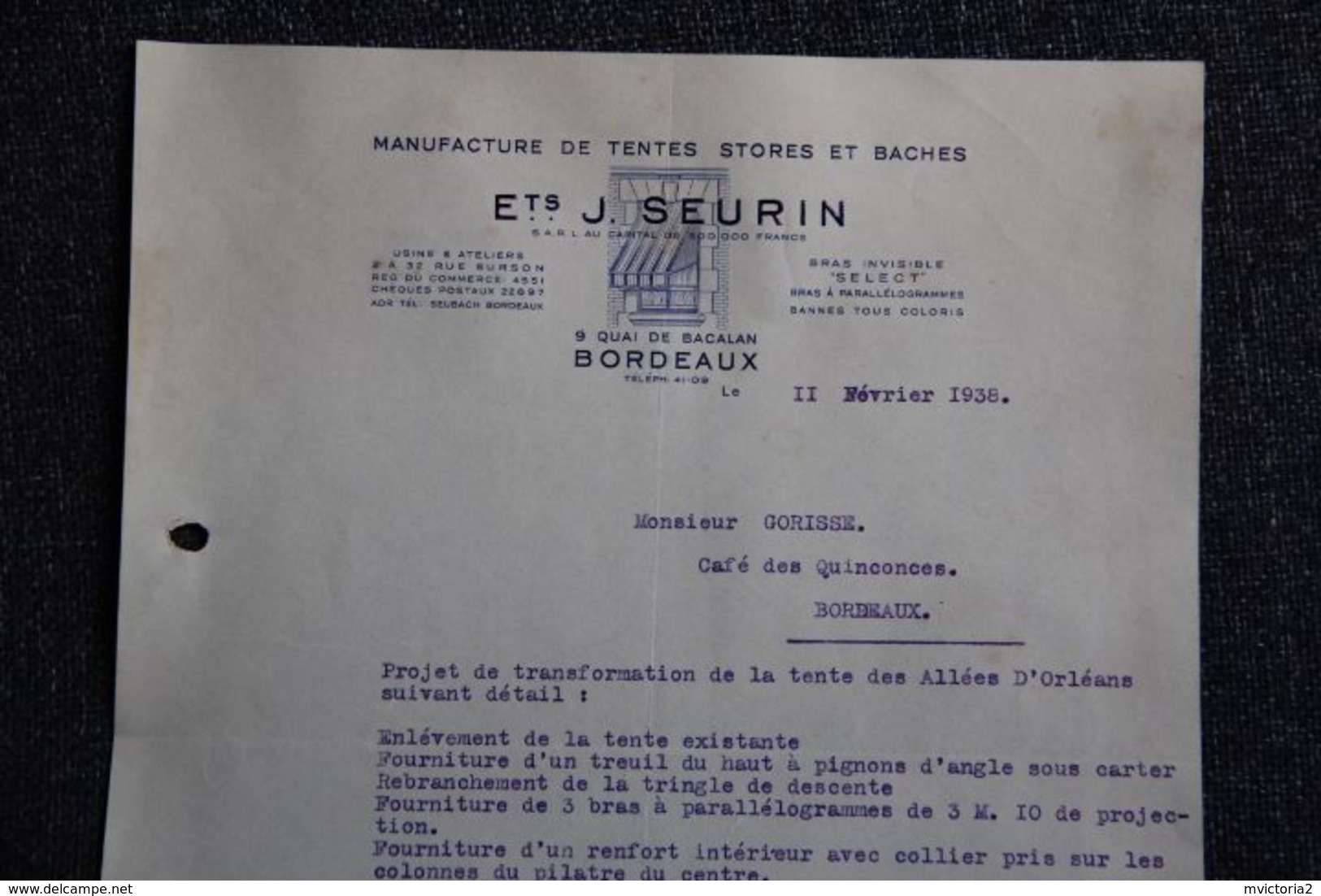 Facture Ancienne - BORDEAUX, Etablissement SERIN, Tentes Et Bâches. - 1900 – 1949