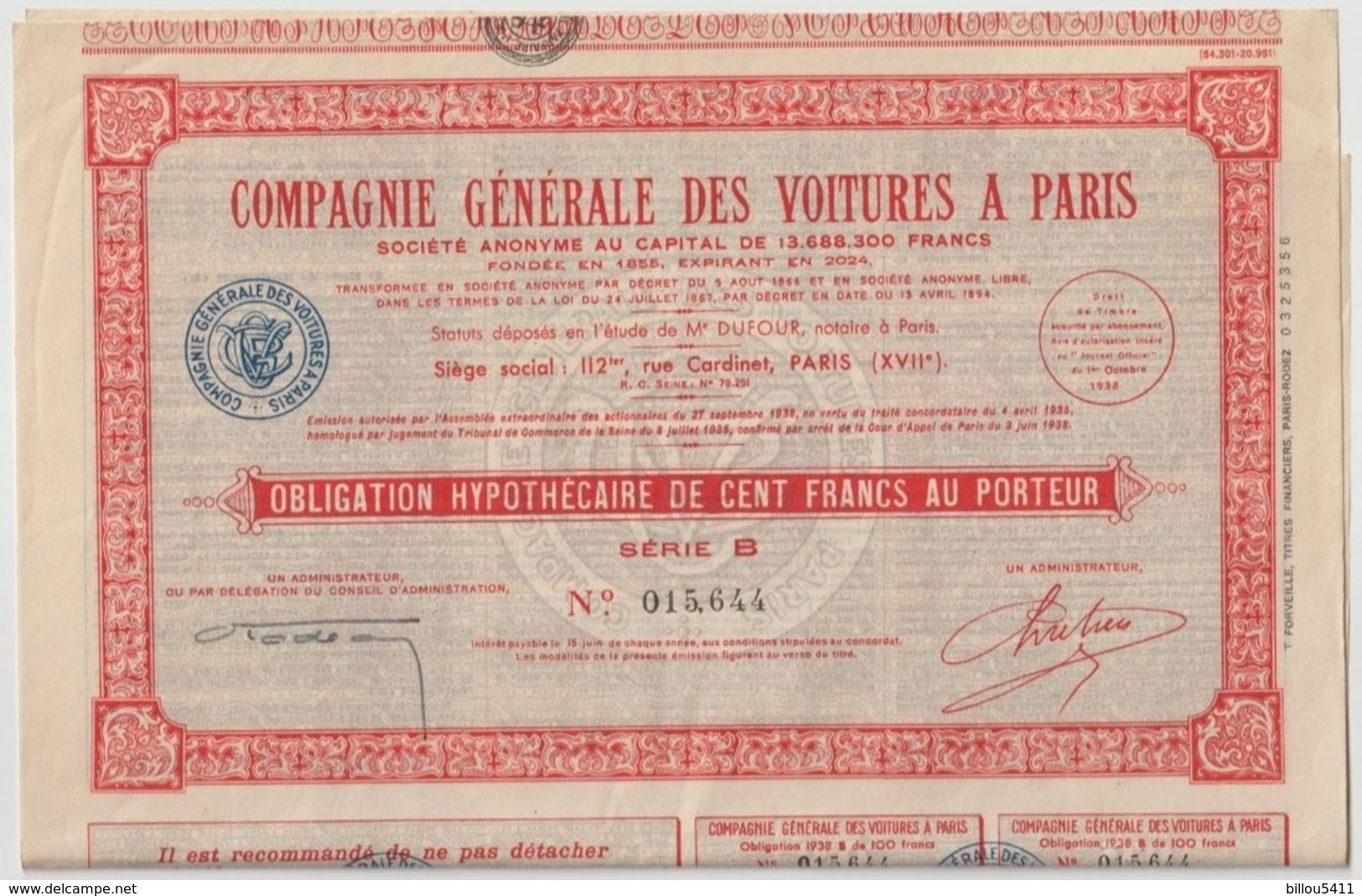 2 Actions Compagnie Générale Des Voitures à Paris .Obligation Hypothécaire De Cent Francs Au Porteur ; Série B - Automobilismo
