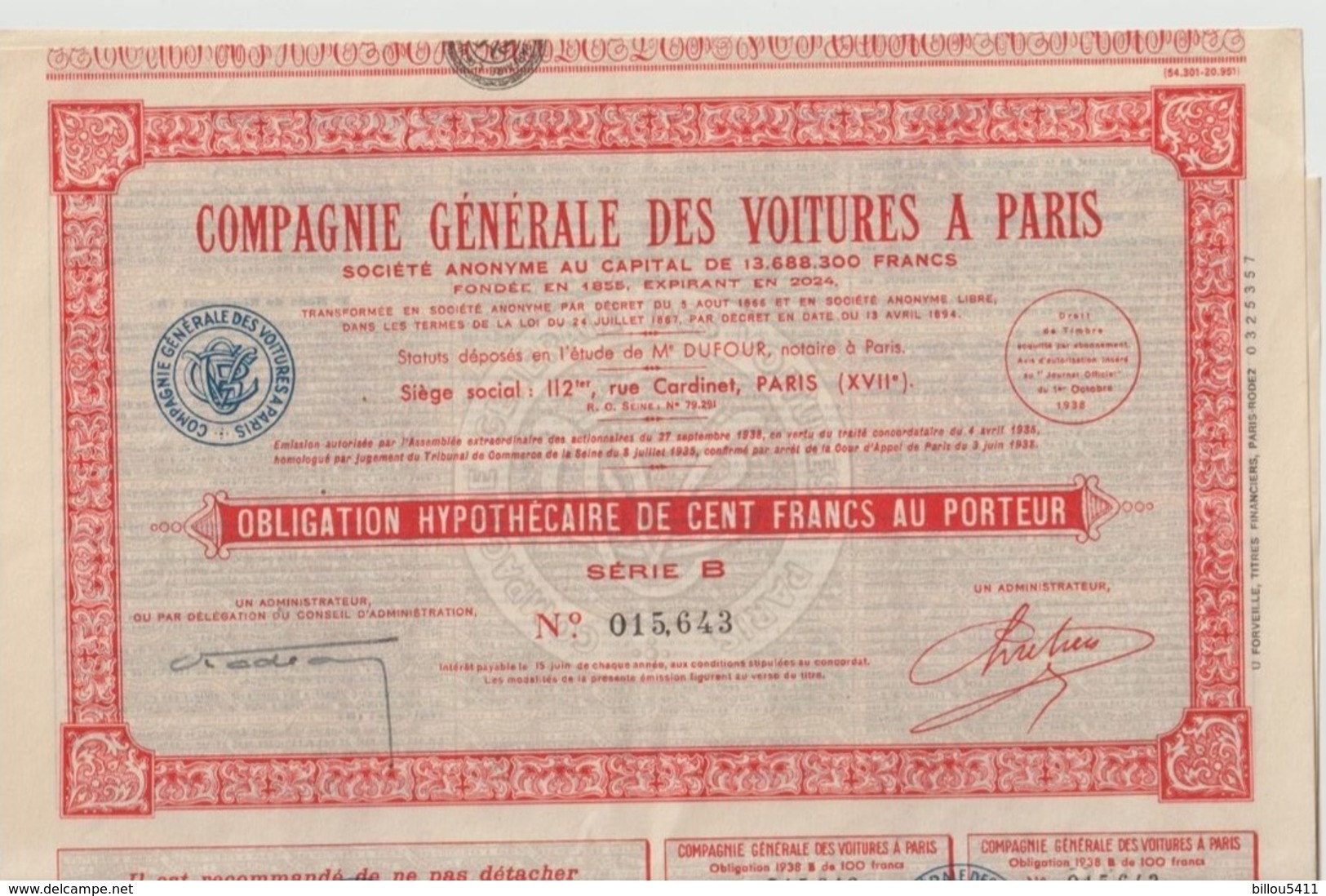 2 Actions Compagnie Générale Des Voitures à Paris .Obligation Hypothécaire De Cent Francs Au Porteur ; Série B - Automobile