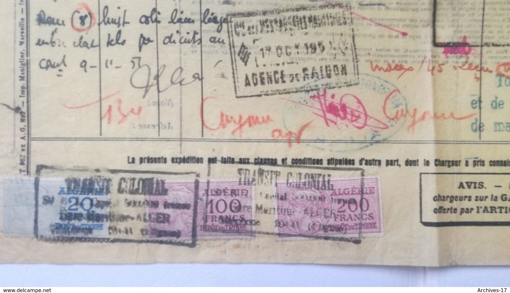 CONNAISSEMENT MARITIME - 1951 - ALGER Pour SAIGON - Fiscaux IMPOT Du TIMBRE Sur Document - Andere & Zonder Classificatie