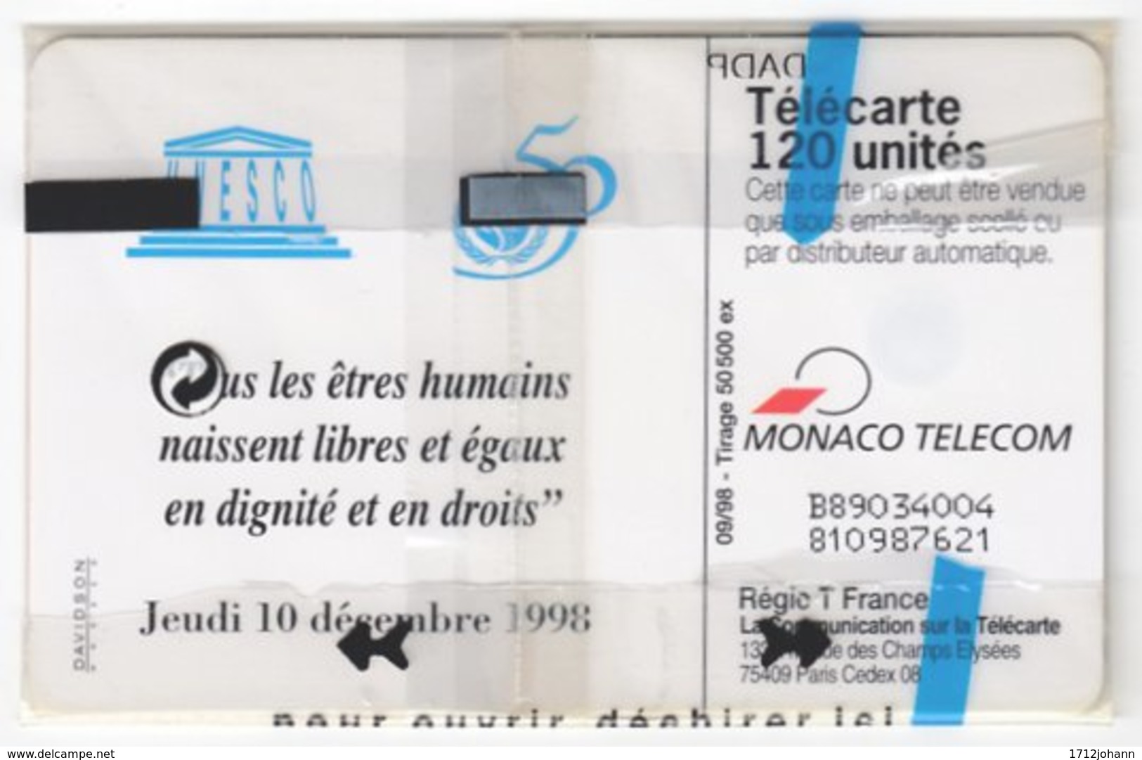 MONACO A-031 Chip Telecom - Int. Organisation, Unesco - In Blister - Monace