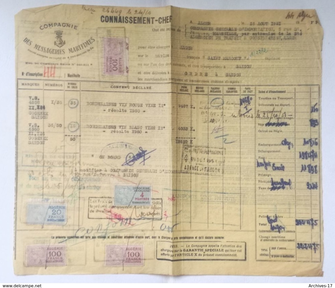 CONNAISSEMENT MARITIME - 1951 - ALGER Pour SAIGON - Fiscaux IMPOT DU TIMBRE + Connaissemnt INDOCHINE Sur Document - Other & Unclassified