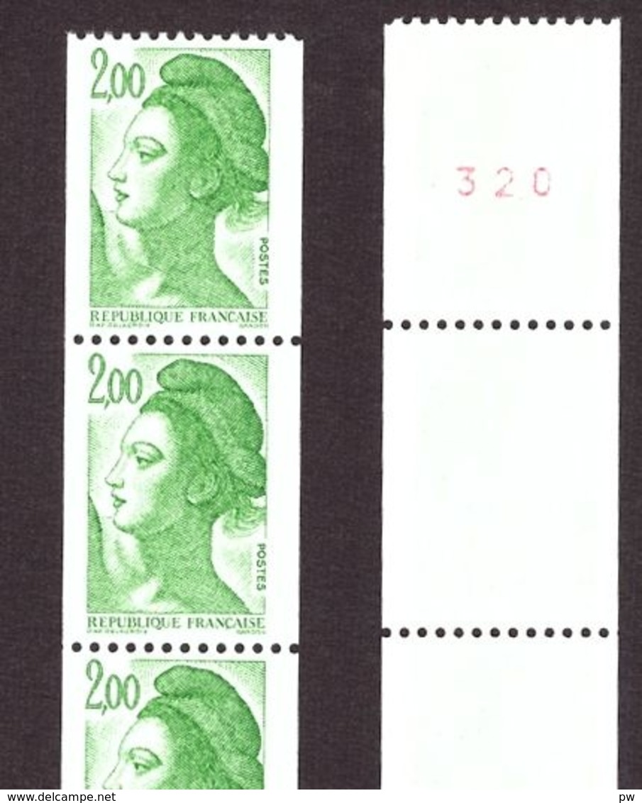 FRANCE 1987 LIBERTE DE GANDON ROULETTE YT N° 89  (TIMBRES N° 2487, 2487a) 2,00 VERT, GOMME MATE, AVEC 3 TIMBRES NUMEROTE - 1982-1990 Liberty Of Gandon